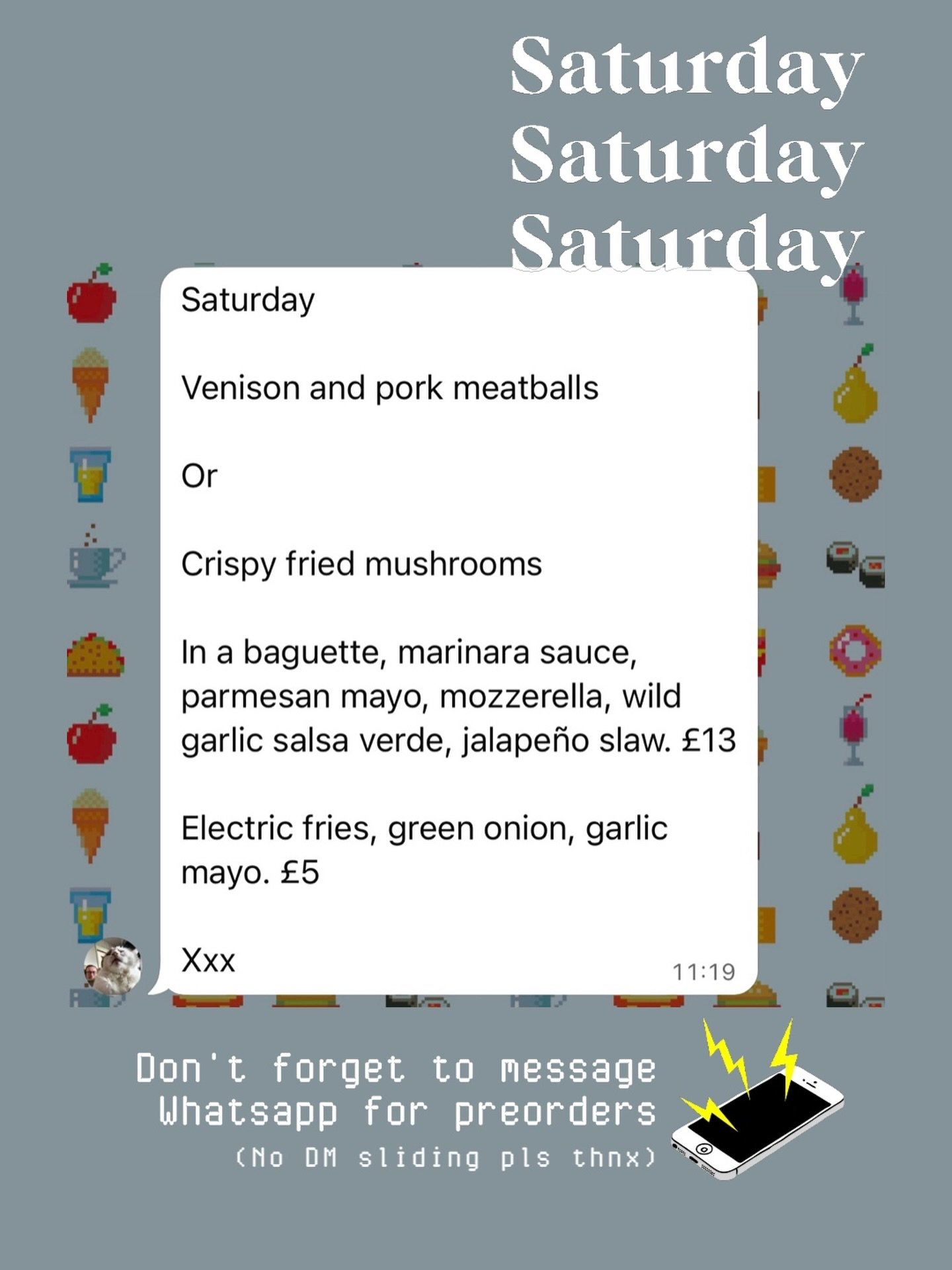 SATURDAY LUNCH SPECIAL : 28th : MEATBALL MARINARA ☄️ 🥖

Venison and pork meatballs

Or

Crispy fried mushrooms

In a baguette, marinara sauce, parmesan mayo, mozzerella, wild garlic salsa verde, jalape&ntilde;o slaw. &pound;13

Electric fries, green