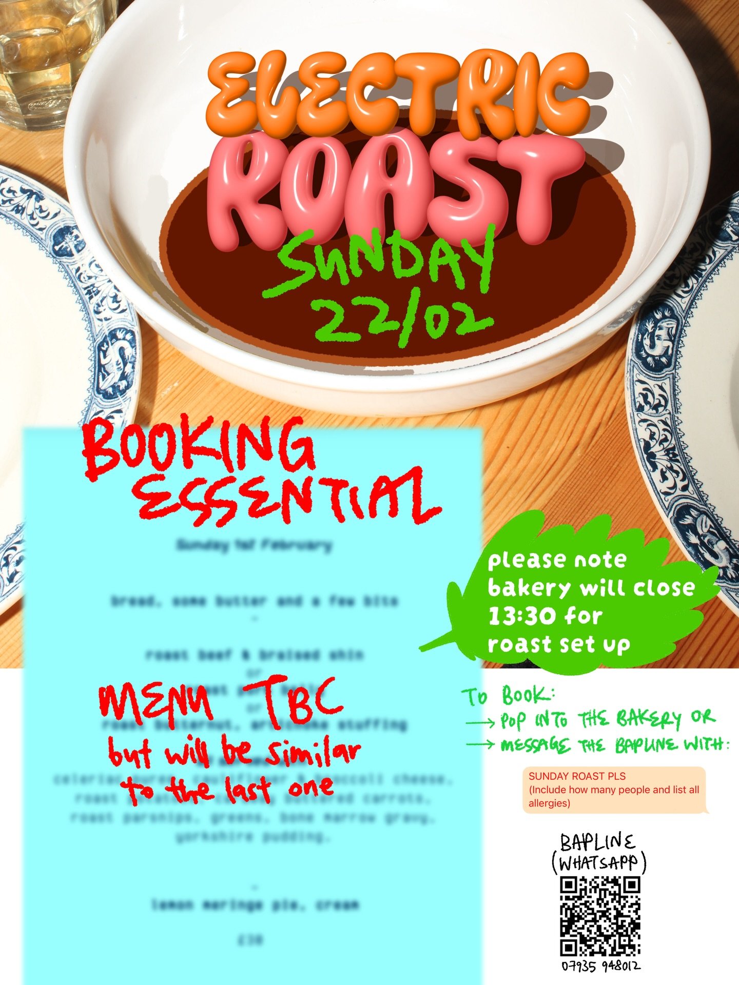 ‼️ 12/02: SOLD OUT‼️pls keep an eye out on our stories for cancellations 

Electric Roast is happening. Sunday 22nd February. 2pm

Booking is essential.

To book:
&bull; Pop into the bakery or
&bull; Message the Bapline with:
&ldquo;SUNDAY ROAST PLS&