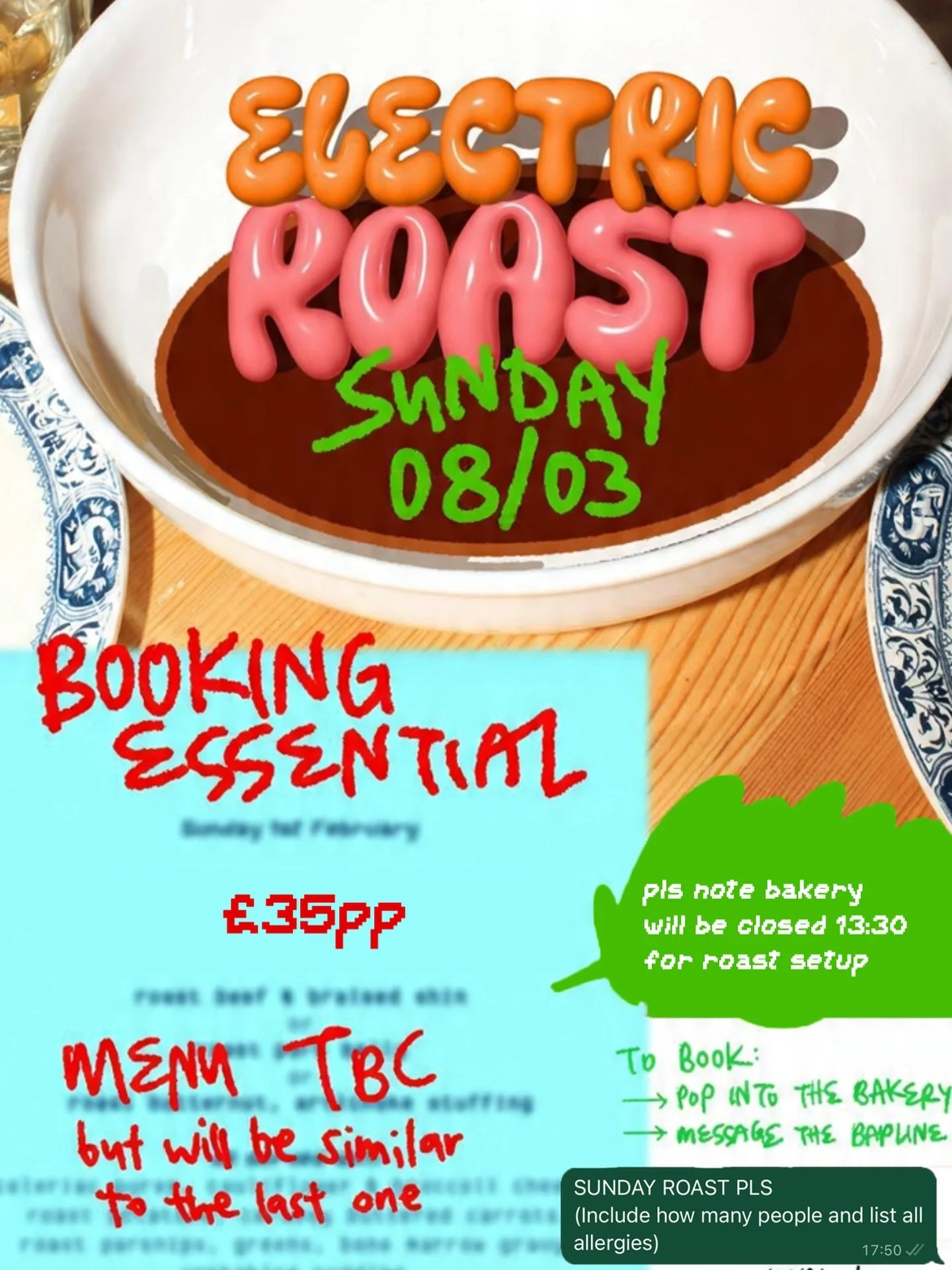 Electric Roast : Sunday 8th March. 2pm

Booking is essential.

To book:
&bull; Pop into the bakery or
&bull; Message the Bapline with:
&ldquo;SUNDAY ROAST PLS&rdquo; + how many people + allergens

🔗 Bapline link in bio
❌ Do not DM here

🥕 &pound;35