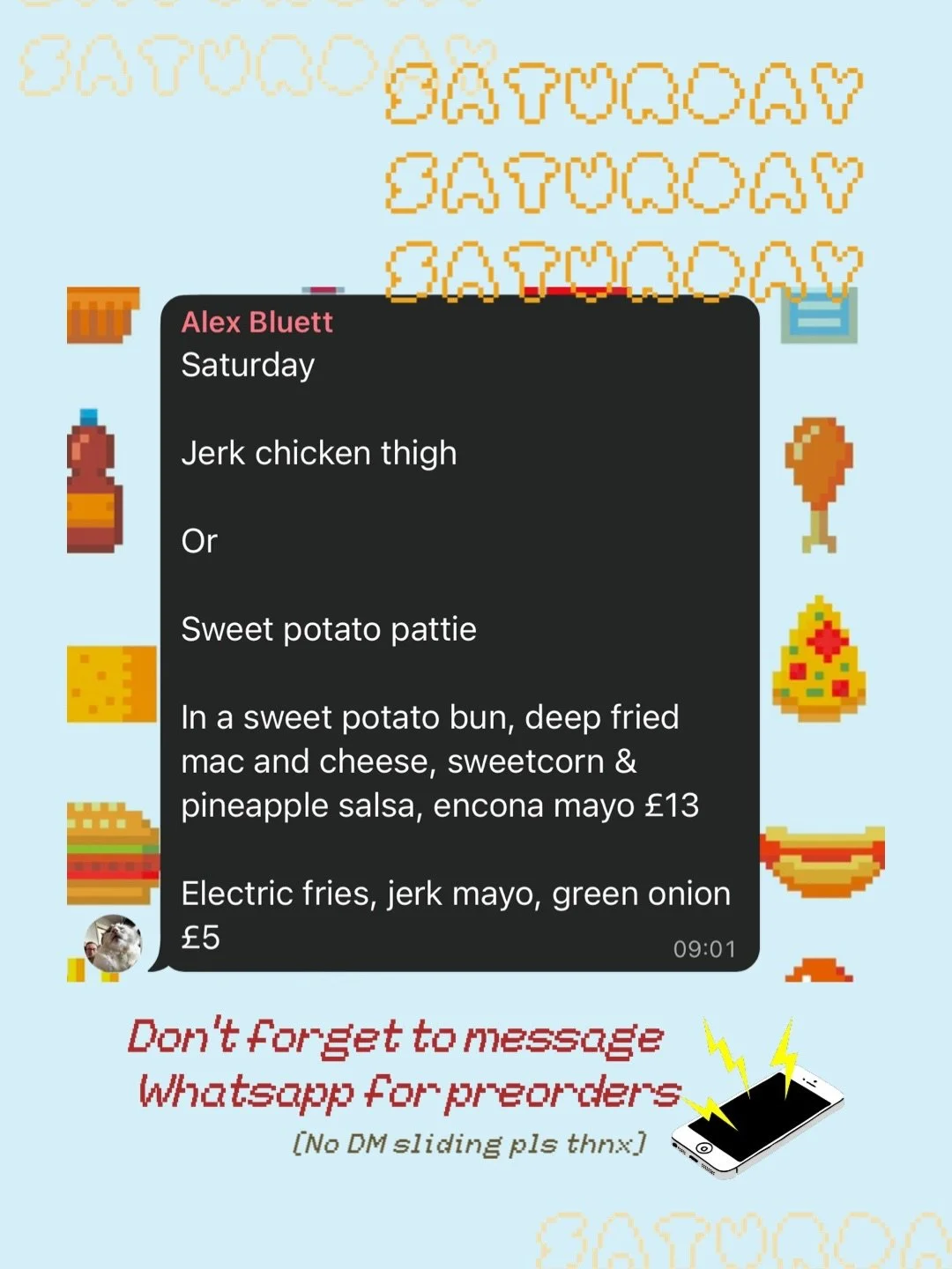 1️⃣ SATURDAY LUNCH SPECIAL : 13th :

Jerk chicken thigh

Or 

Sweet potato pattie

In a sweet potato bun, ⚠️deep fried mac and cheese⚠️, sweetcorn &amp; pineapple salsa, encona mayo &pound;13

Electric fries, jerk mayo, green onion &pound;5

It&rsquo