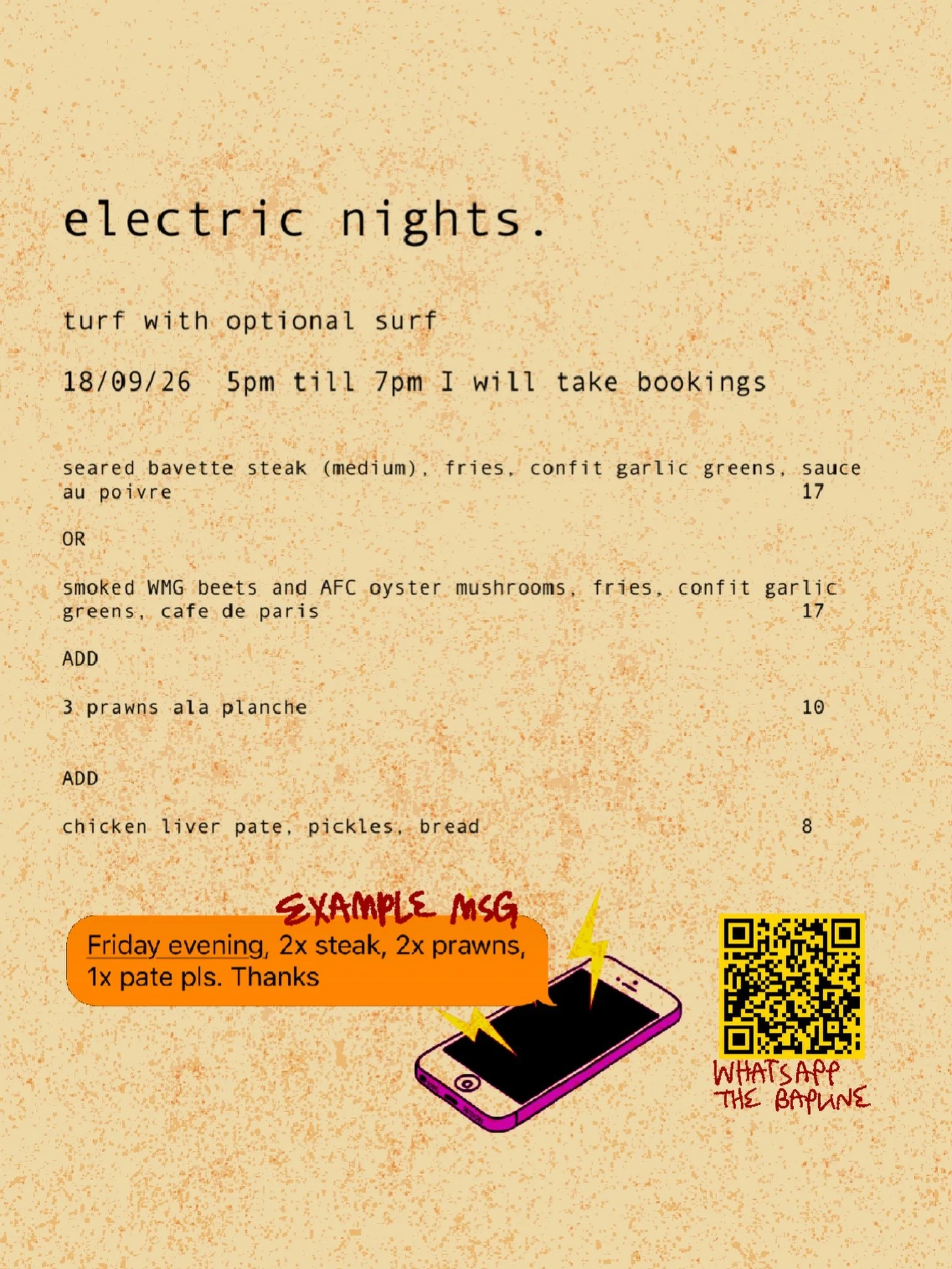 Friday 18th Sept : 5pm-7pm/sell out : Steak Frites 

Seared bavette steak (medium), fries, confit garlic greens, sauce au poivre

OR

Smoked @woolstonmarketgarden beets and @atlanticfungicoop oyster mushrooms, fries, confit garlic greens, cafe de par