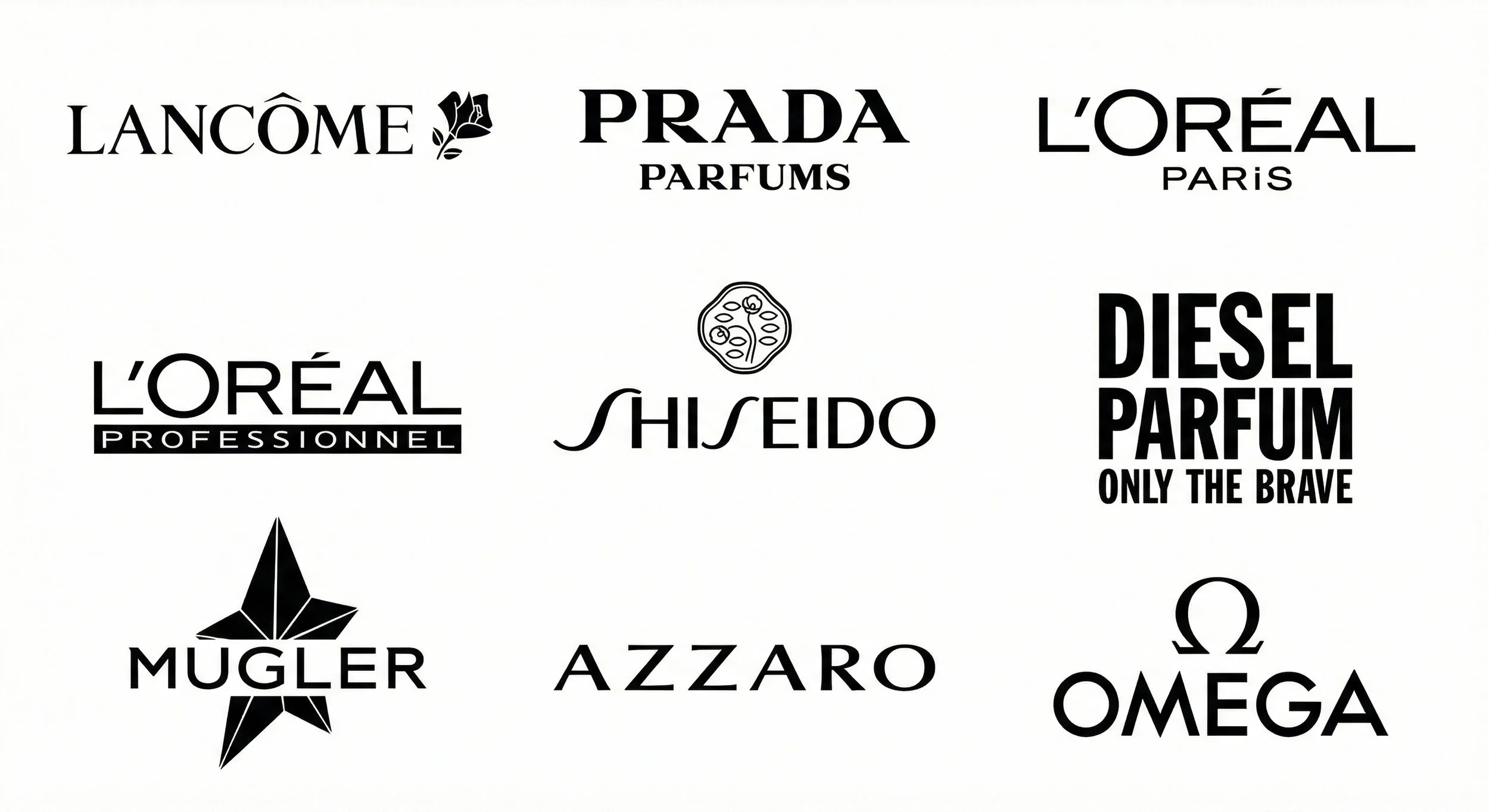 Logos noirs de diverses marques de cosmétiques et parfums, notamment Lancôme, Prada, L'Oréal, Shiseido, Diesel Parfum, Mugler, Azzaro, Omega.