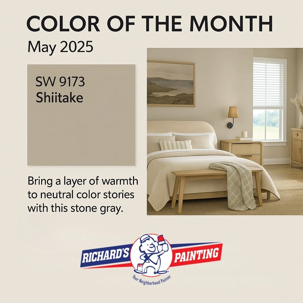 Color of the Month: Shiitake SW 9173
Step into May with the calming warmth of Shiitake, a refined, earthy beige that brings the essence of coastal comfort into any space. Whether you're updating your living room or creating a serene bedroom
