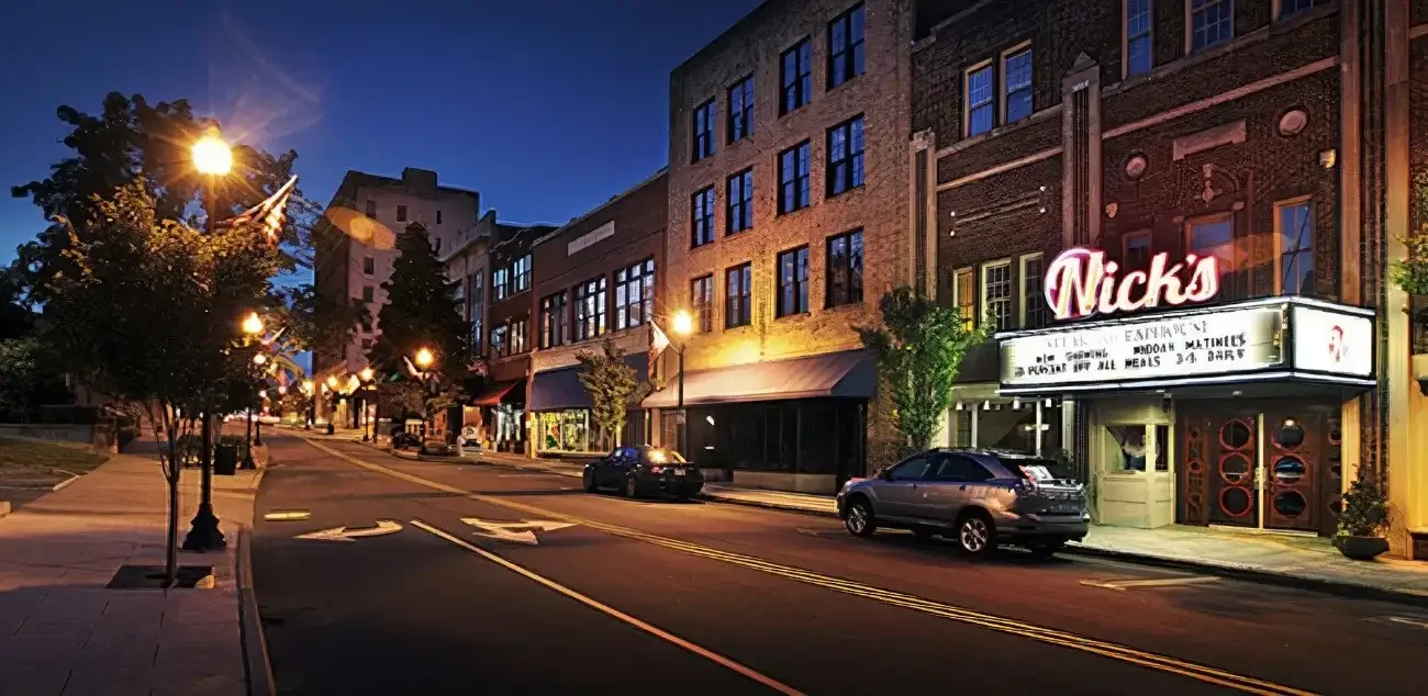 Dusk on a city street in Gastonia, NC.