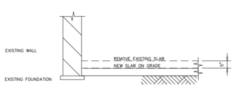  Example 1 shows the existing slab over 5 inches above the existing footings. The existing slab would be removed and the new slab would be poured just over the top of the existing footings 