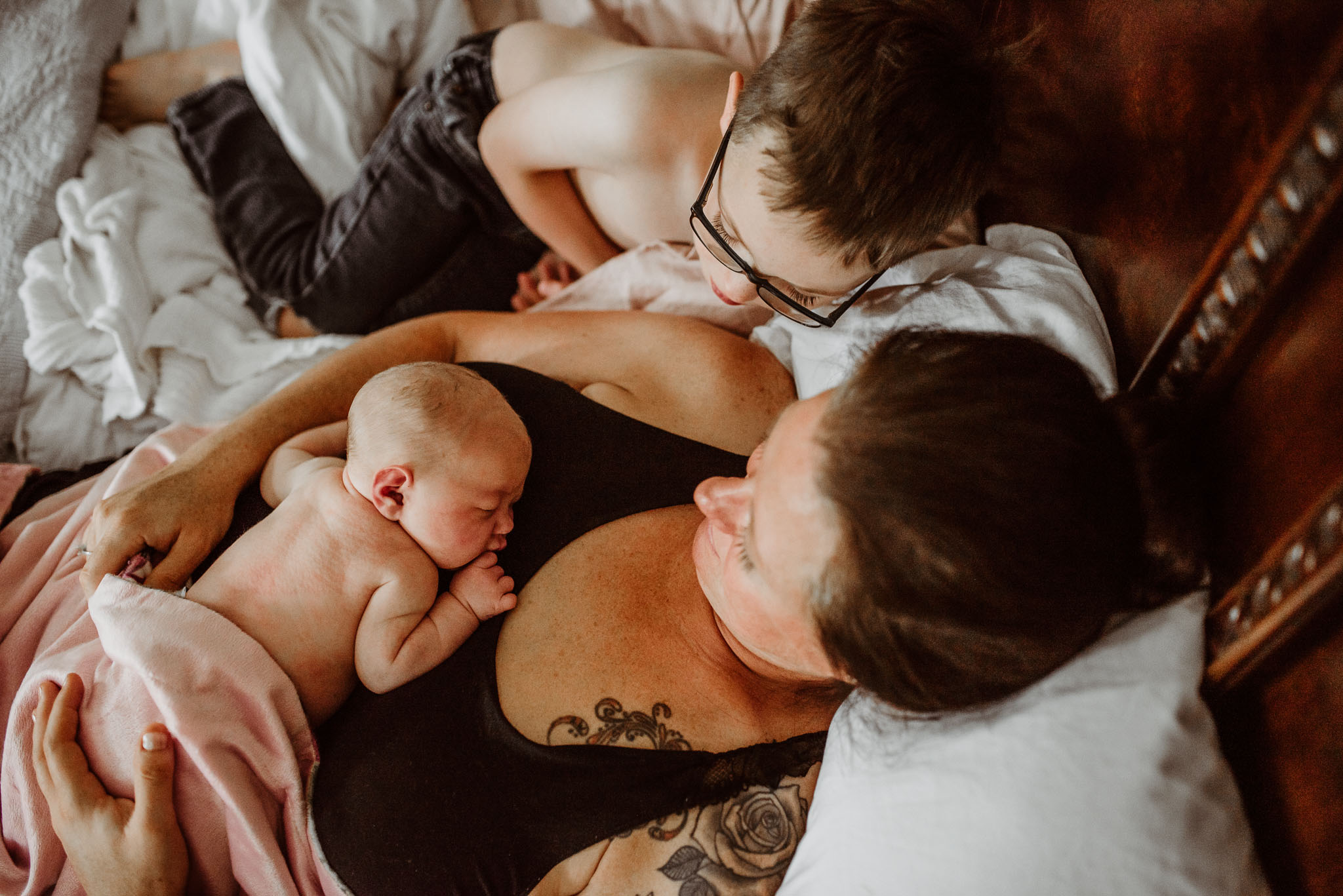 Mother, child, and newborn at homebirth in Maine