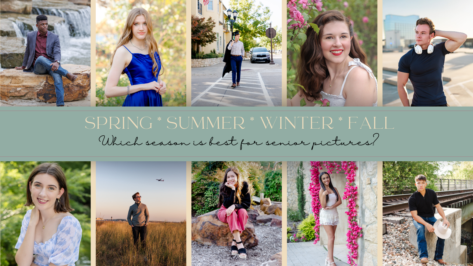 collage of highschool senior students both male and female posing for professional senior pictures at various locations around DFW Dallas Fort Worth for senior pictures with DeAndra Jarboe Photography
