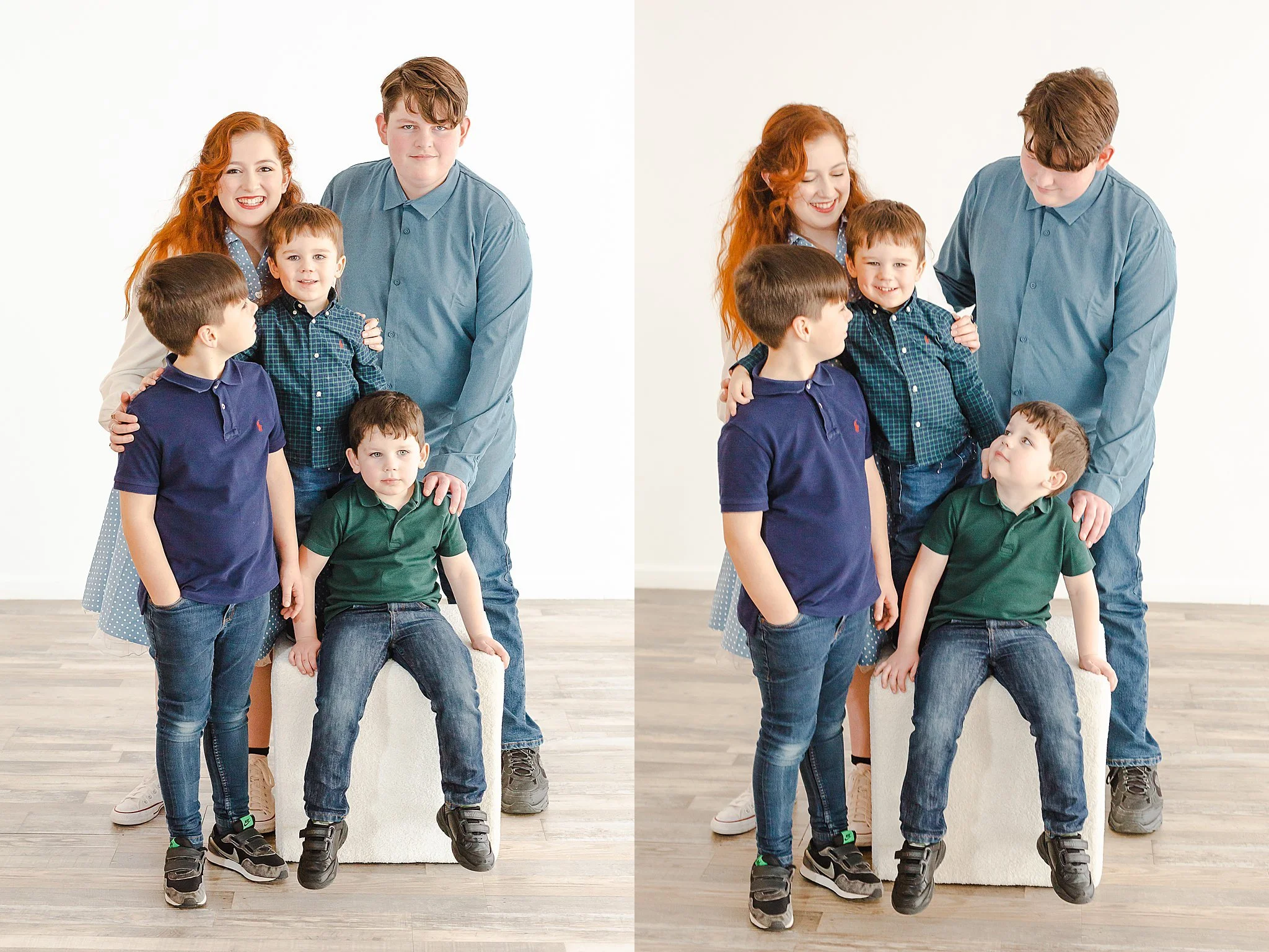two images of 5 young cousins hugging and smiling at the camera posing for family pictures at New Light Studio with DeAndra Jarboe Photography