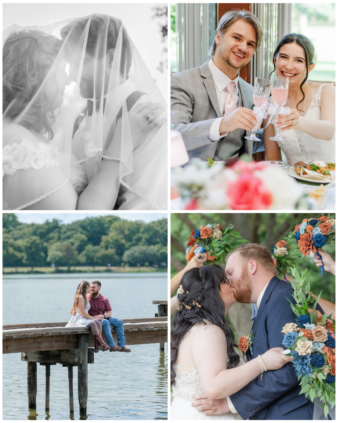 A collage of four wedding photos: top left shows a bride and groom under a veil, top right shows a couple toasting with champagne, bottom left features a bride and groom sitting on a dock by a lake, and bottom right depicts a couple kissing surrounde