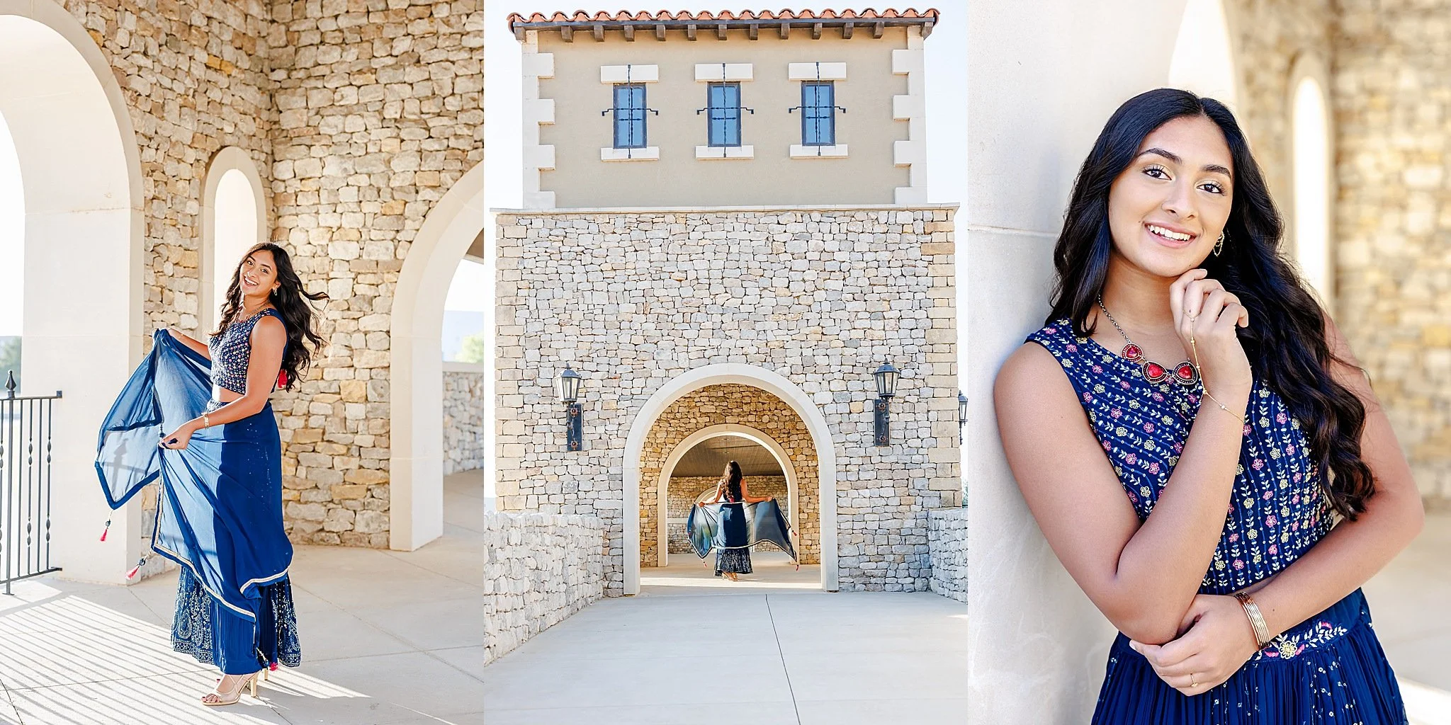 young lady with long black hair wearing a traditional Indian dress in dark blue twirling and smiling posing for senior pictures at Westlake Entrada