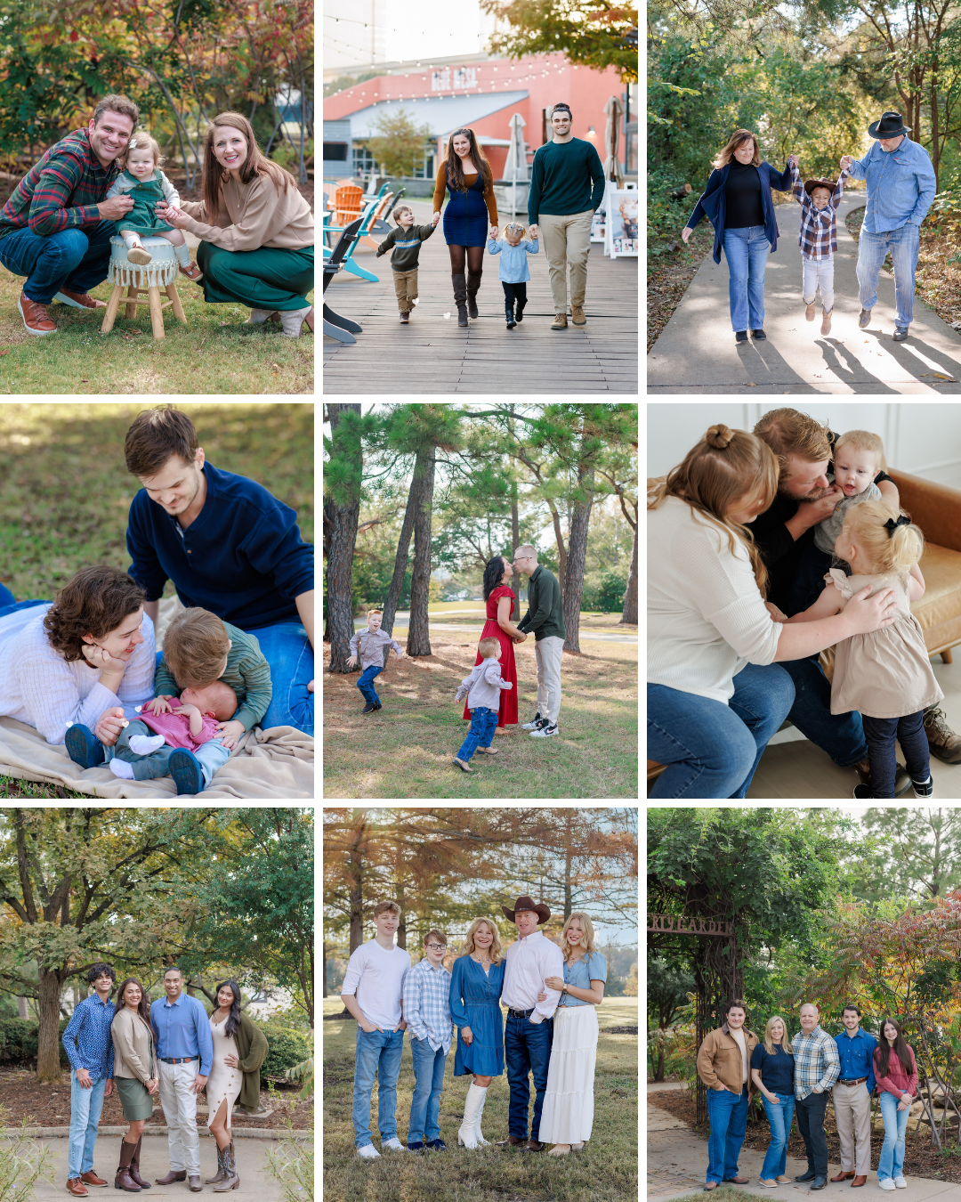 Collage of nine photos showing various family and friends enjoying outdoor activities and gatherings in parks and nature, including walking, playing, and hugging. Mini Sessions taken by DeAndra Jarboe Photography.