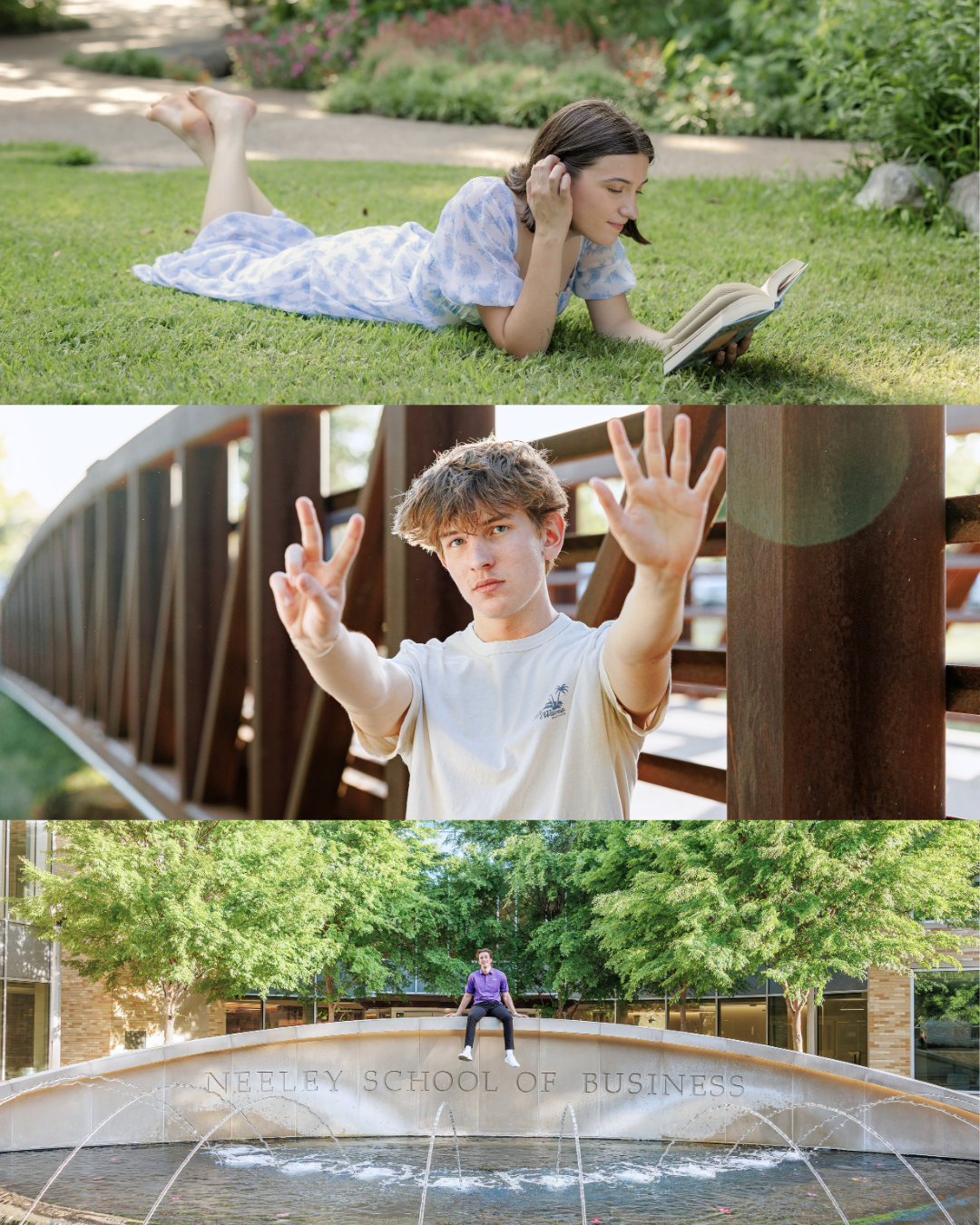 Three different scenes featuring young people: a girl reading a book on the grass in a park, a boy reaching out with his hands near a bridge, and a guy sitting on a fountain ledge at Neeley Business School posing for professional senior pictures.