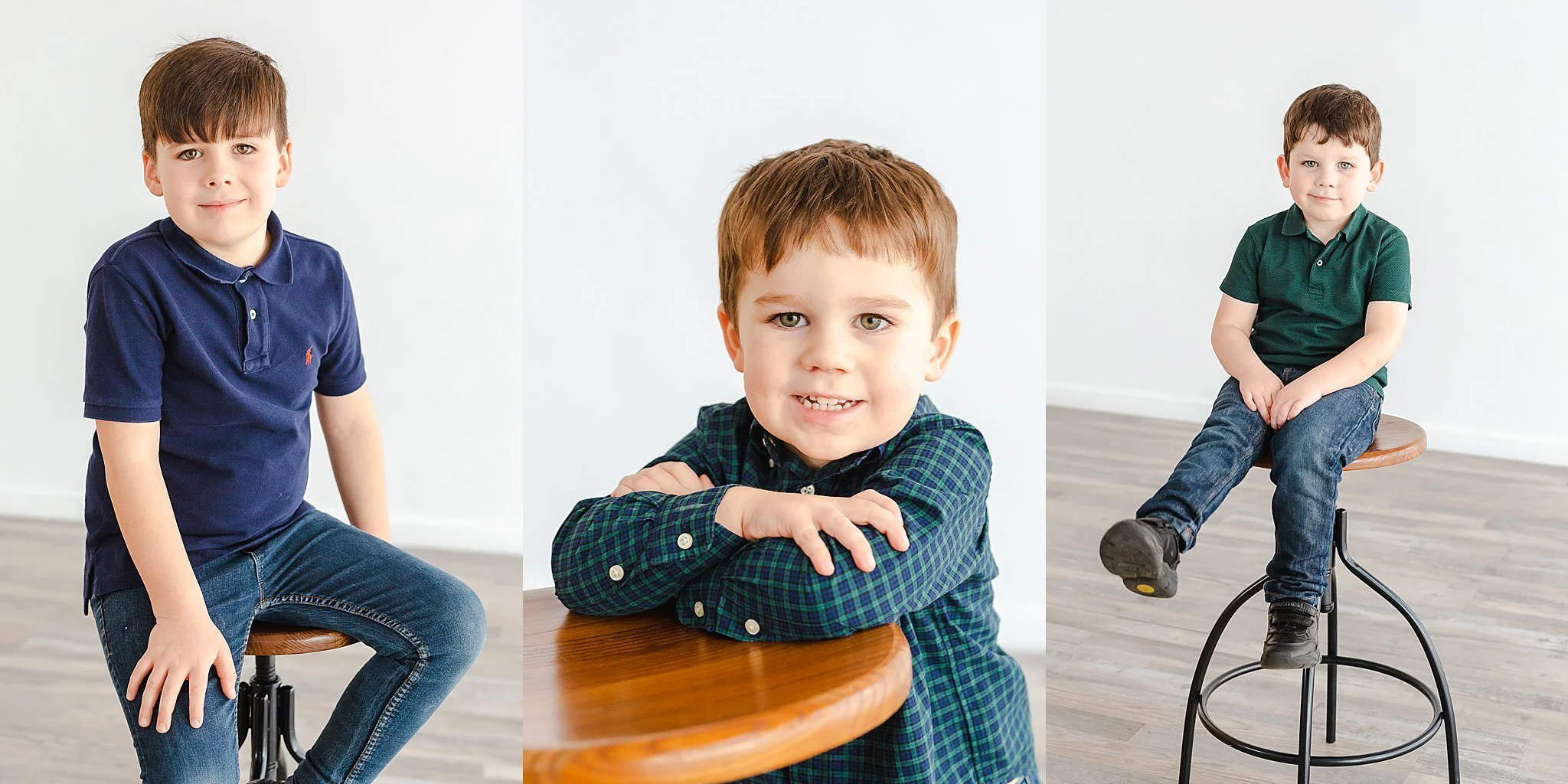 series of three images of individual young boys who are brothers each wearing nice shirts and jeans smiling at the camera posing for milestone pictures at New Light Studio Bedford Texas