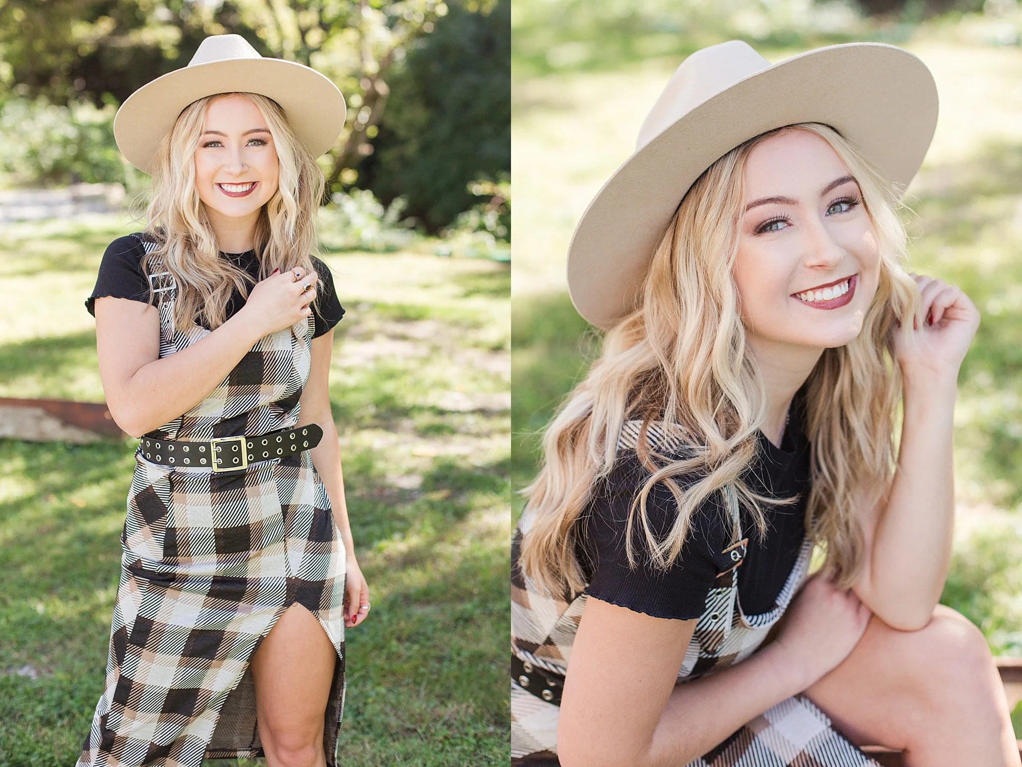 young lady with long blond curly hair wearing a tan wide brimmed hat, black and white jumper dress with wide belt smiling and laughing at the camera posing for senior pictures with DeAndra Jarboe Photography