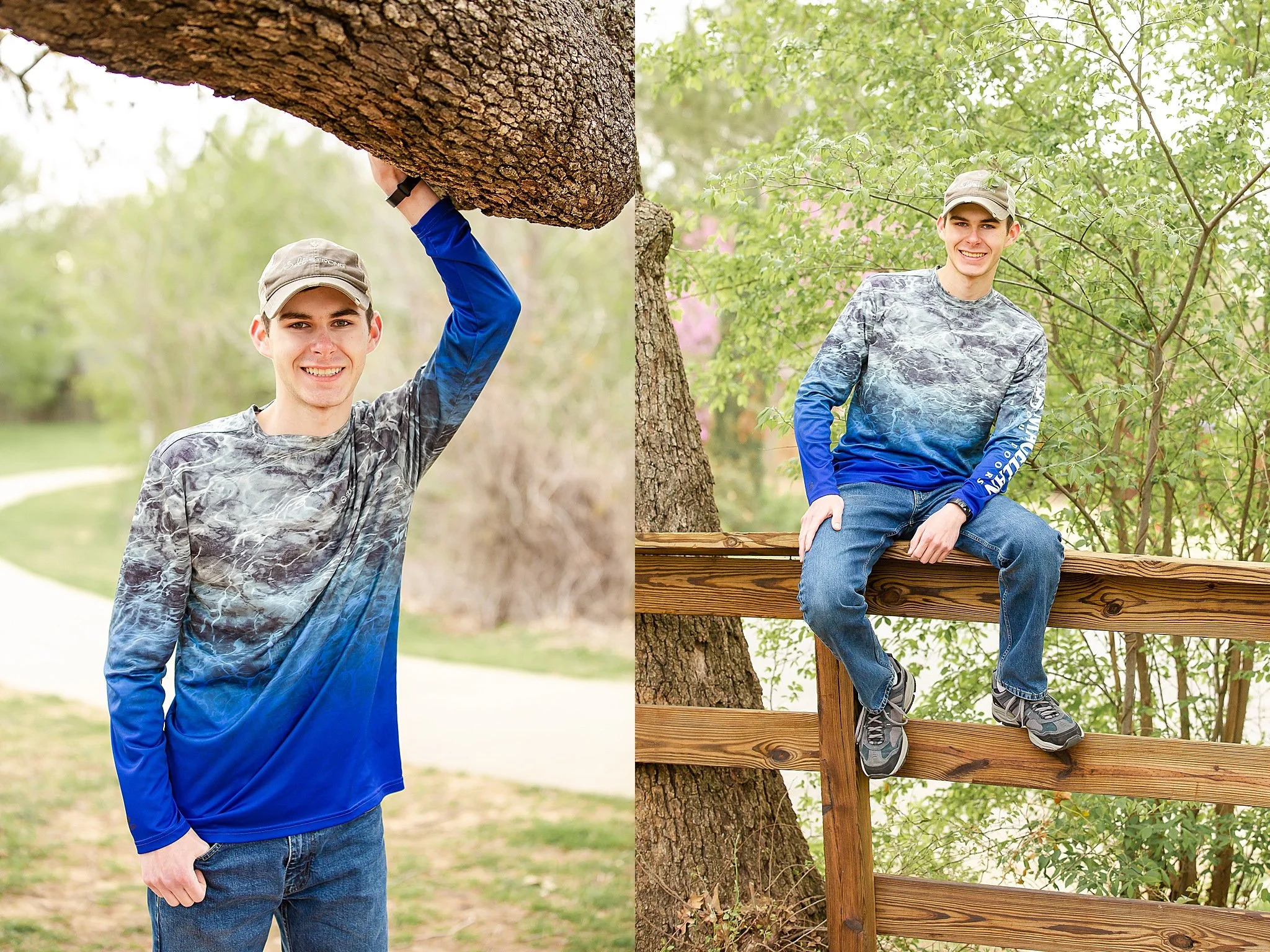 two images of young man smiling atthe camera wearing a long sleeve Magellan Brand t-shirt, jeans and cap perched atop a split rail fence and also leaning an arm against a tree at Green Valley Park NRH TX posing for senior pictures