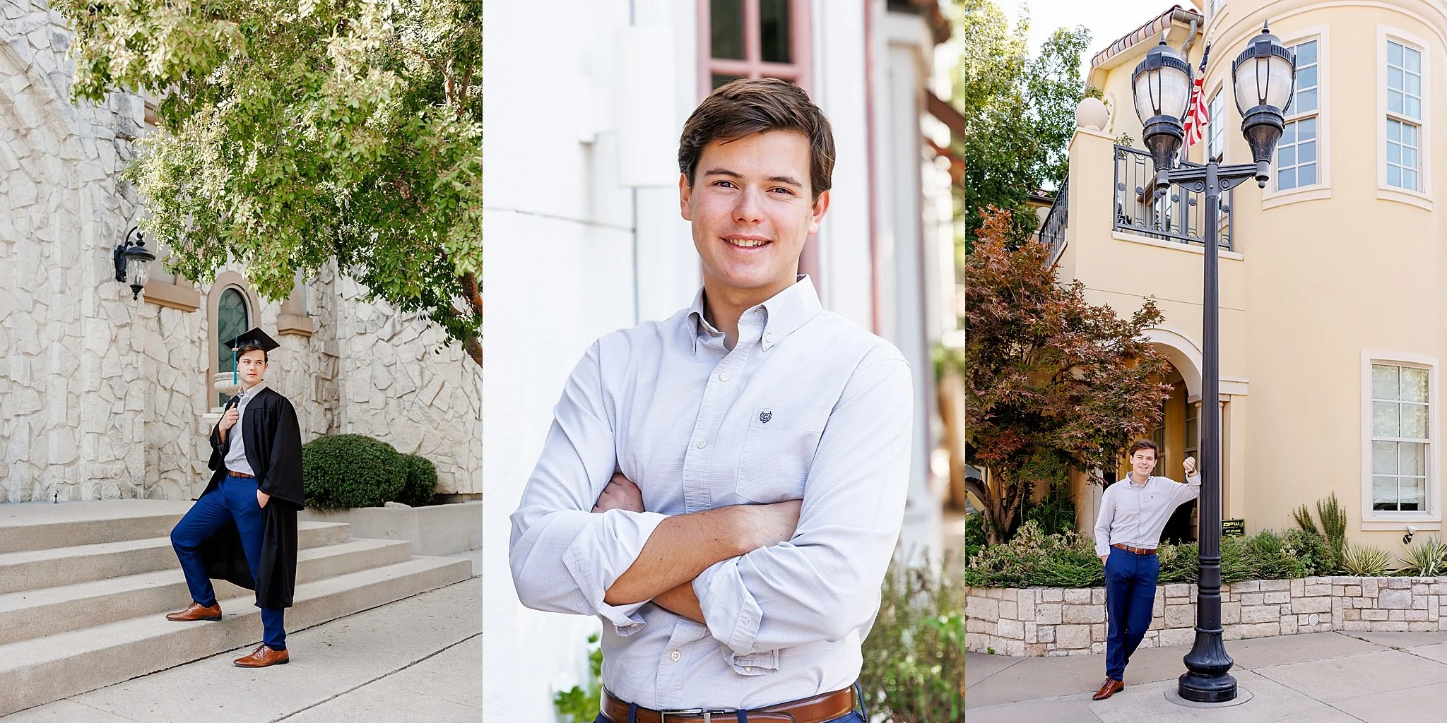 series of three images of young man wearing navy dress pants and white button down smiling at the camera  posing for senior pictures at Colleyville Library