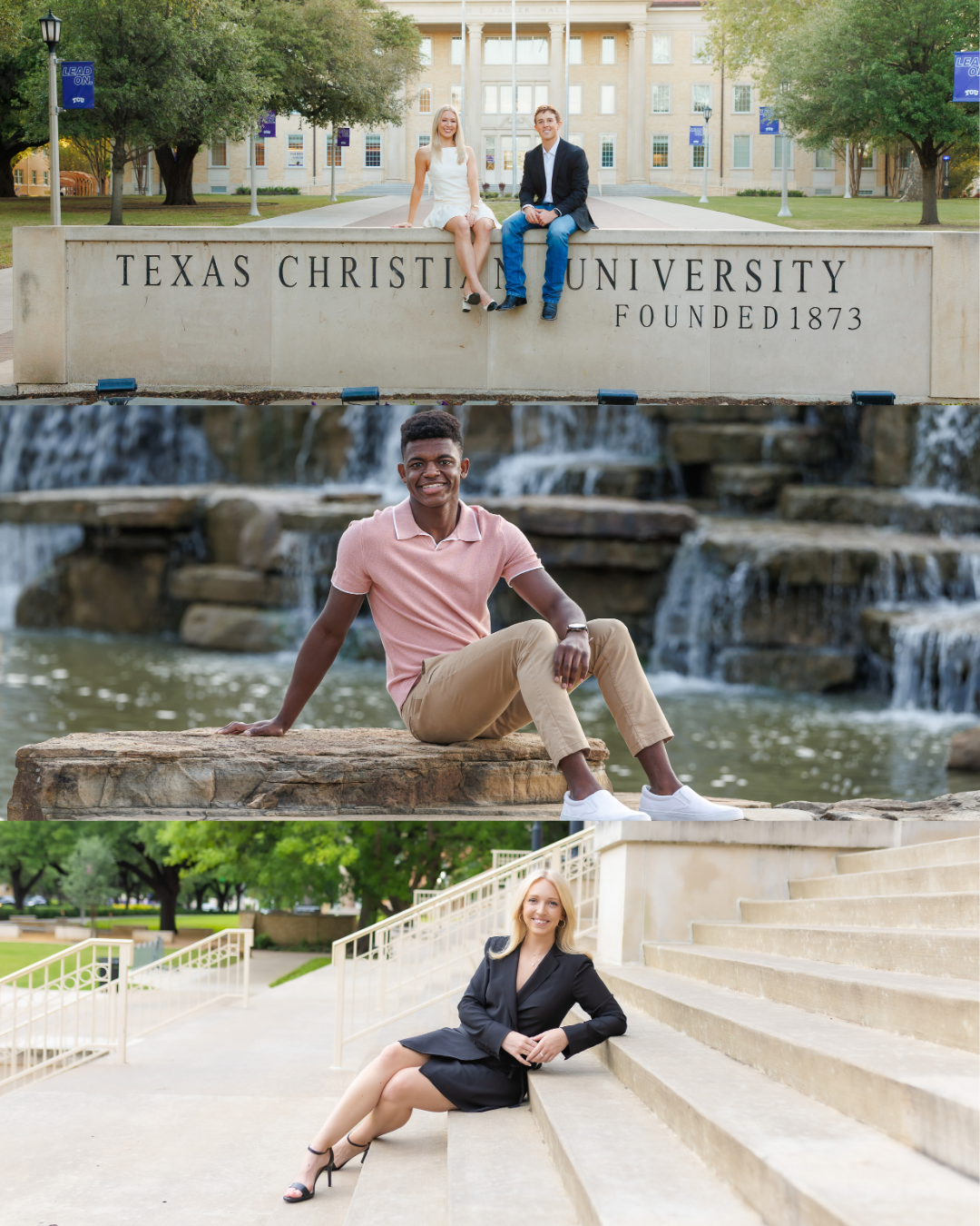 Three students at Texas Christian University, with two sitting on a university sign and one sitting on rocks near a waterfall, all smiling outdoors.