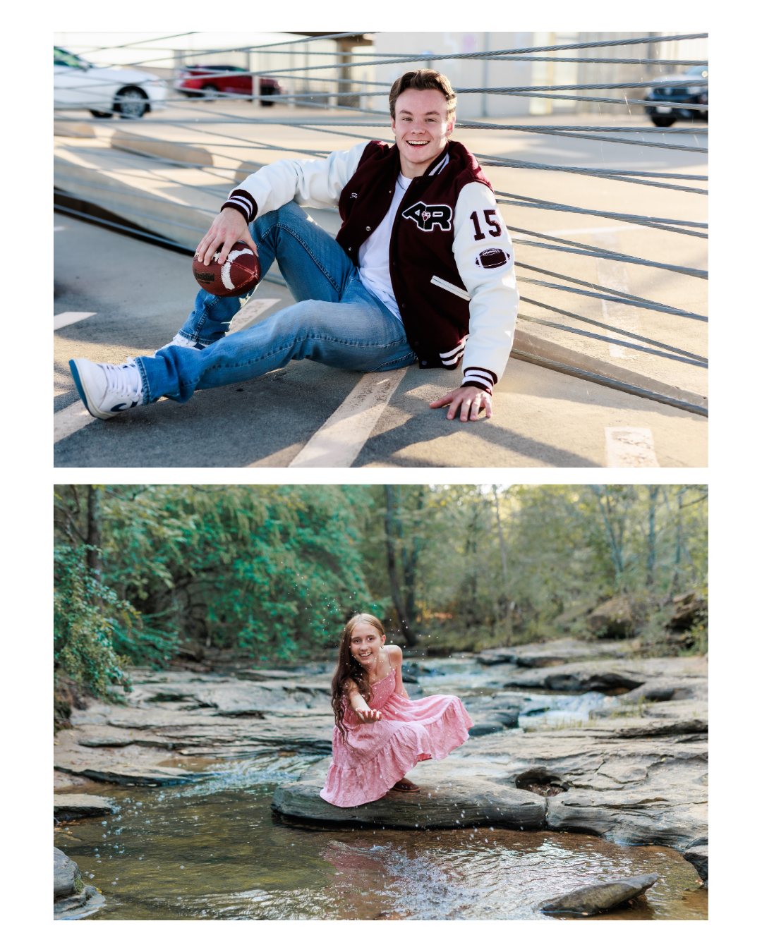 A young man in a varsity jacket sitting on the ground with a football at Legacy West, smiling. A young girl in a pink dress sitting on a rock in a stream, splashing water and smiling at Stone Creek Park Flower Mound Texas.