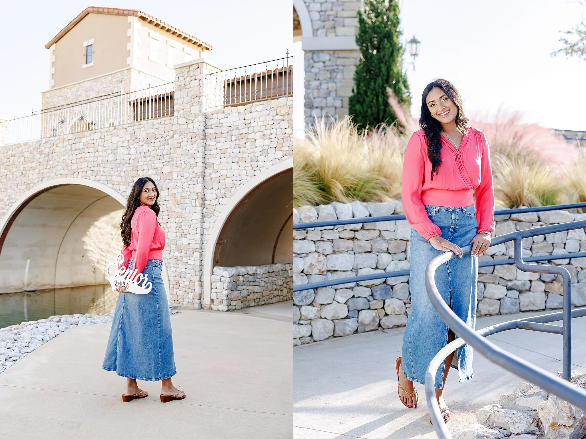 young lady with long black hair wearing hot pink blouse and long denim skirt smiling at the camera posing for senior pictures at Westlake Entrada