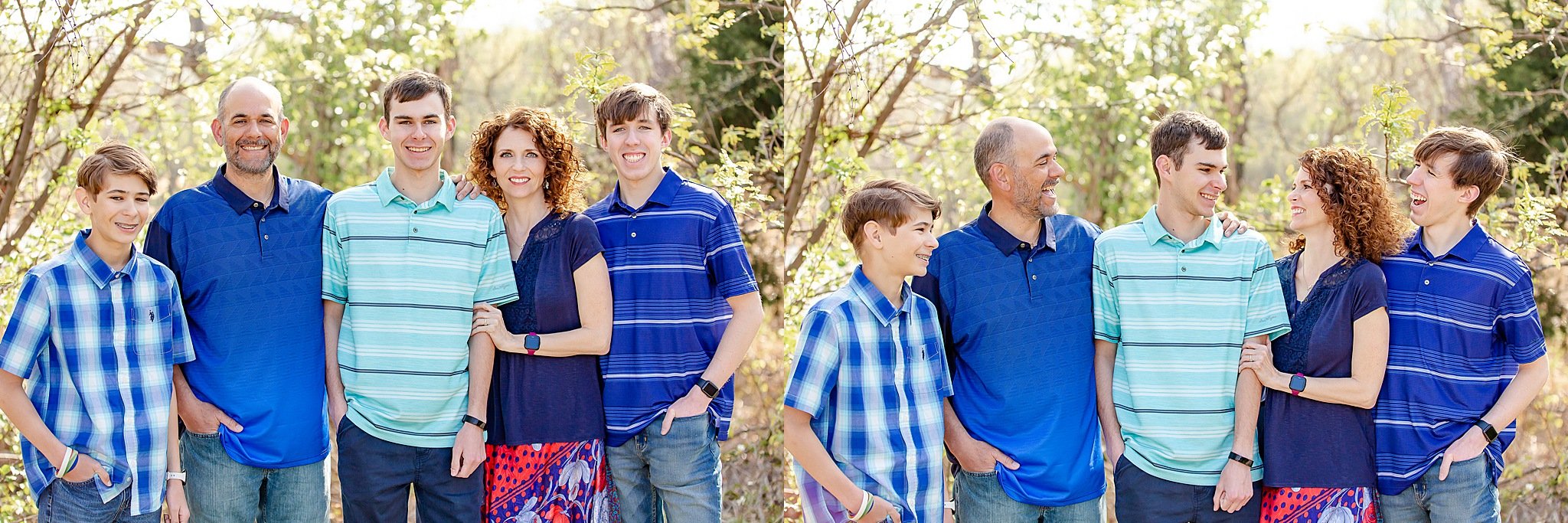 two images of a family of five smiling at the camera hugging joyfully while posing for senior pictures with one of their sons at Green Valley Park In NRH TX