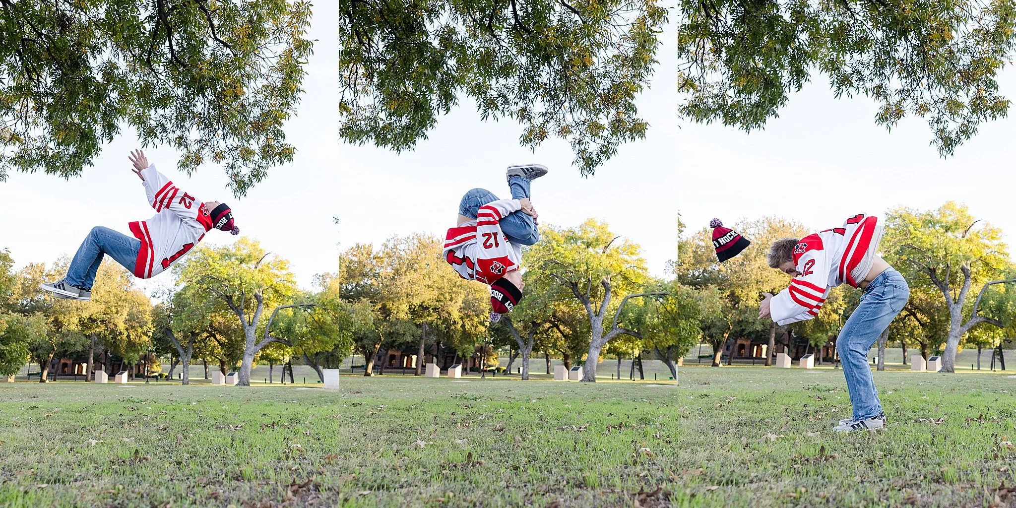 series of three images of young boy in jeans and red and white hockey jersey wearing a beanie doing backflips for senior pictures with DeAndra Jarboe Photography