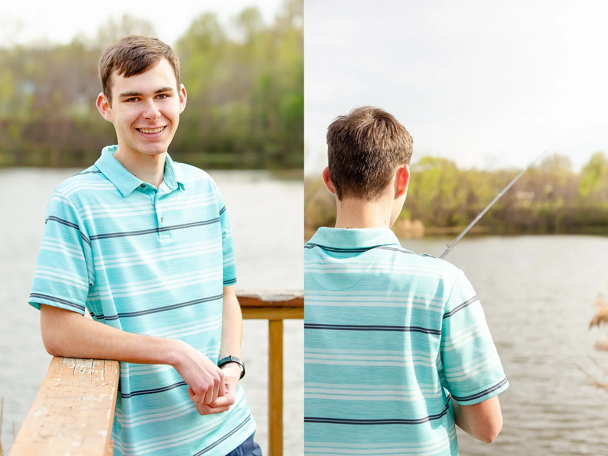 two images of young man with short brown hair  in aqua colored shirt holding a fishing rod over the side of a dock smiling at the camera happily posing for senior pictures at Green Valley Park In NRH TX
