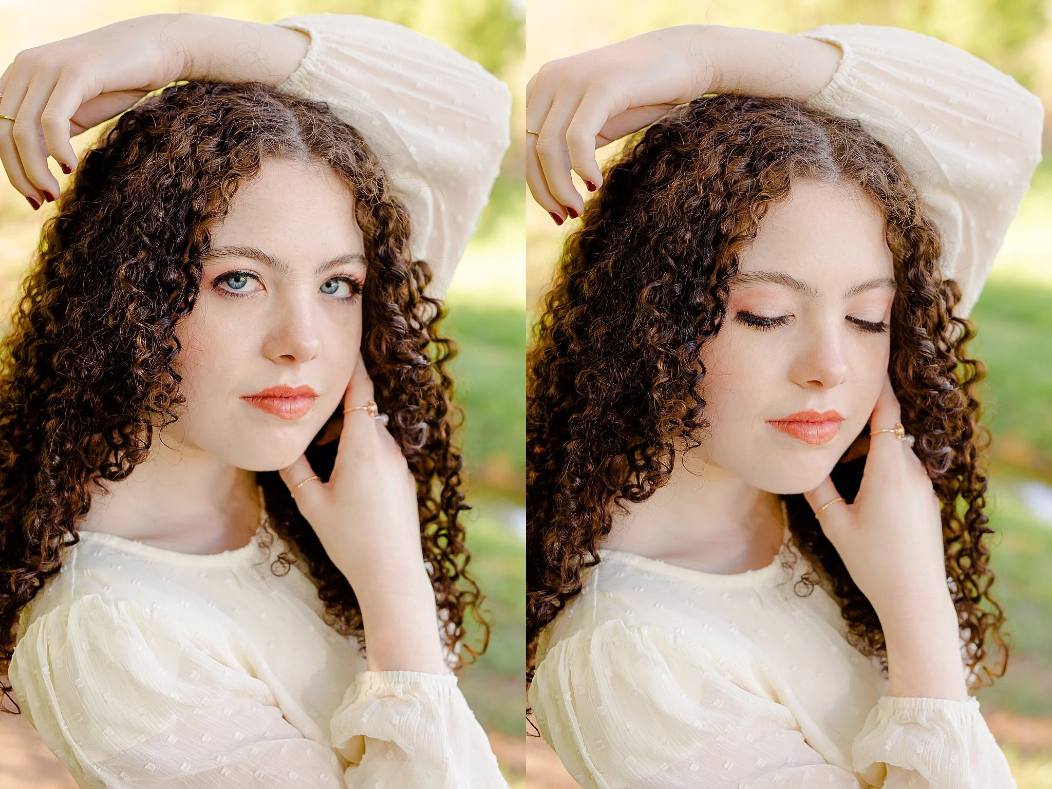 two images of young lady with very curly long brown hair and big blue eyes wearing a light tan dress looking intently at the camera while featuring her professional makeup for senior pictures at Bear Creek Park