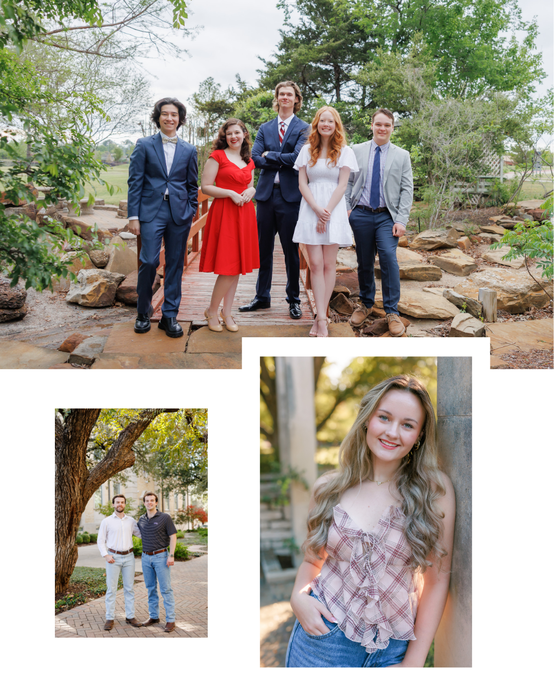 Group of five young adults standing on a small wooden bridge outdoors, dressed in formal and semi-formal attire, with trees and rocks in the background posing for senior portraits by DeAndra Jarboe Photography.
