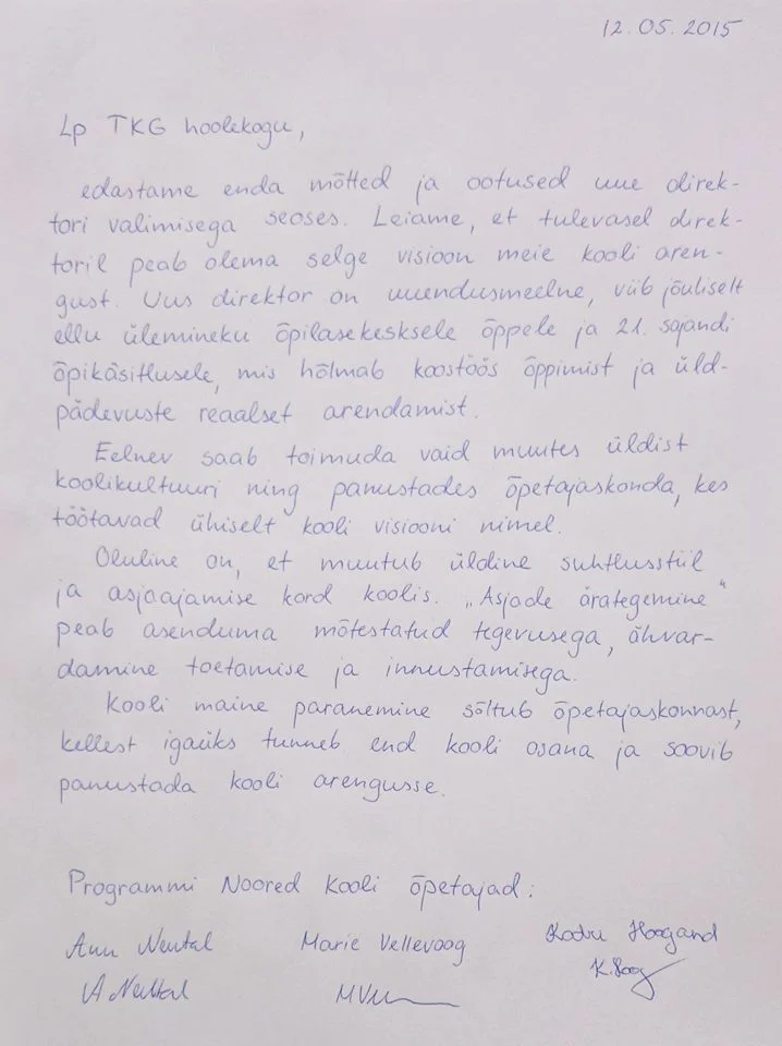 Noored Kool osalejate kiri Tallinna Kunstigümnaasiumi hoolekogule