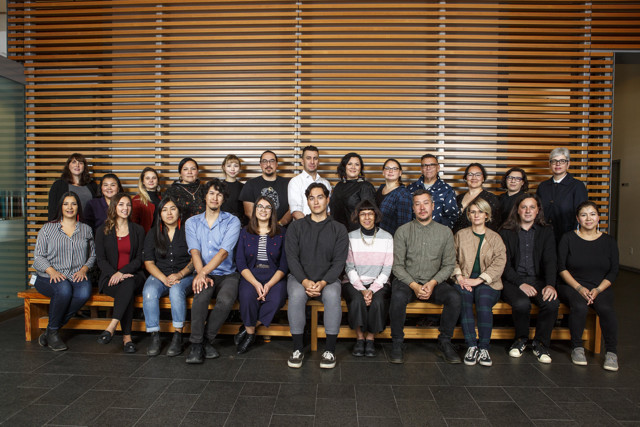  Inuit Futures cohort at the Second Annual Gathering at Concordia University, Montreal, QC, October 2019. Photo by Lisa Graves. Back: Carla Taunton, Nakasuk Alariaq, Britt Gallpen, Taqralik Partridge, Megan Kyak-Montieth, Jesse Tungilik, Jason Sikoak