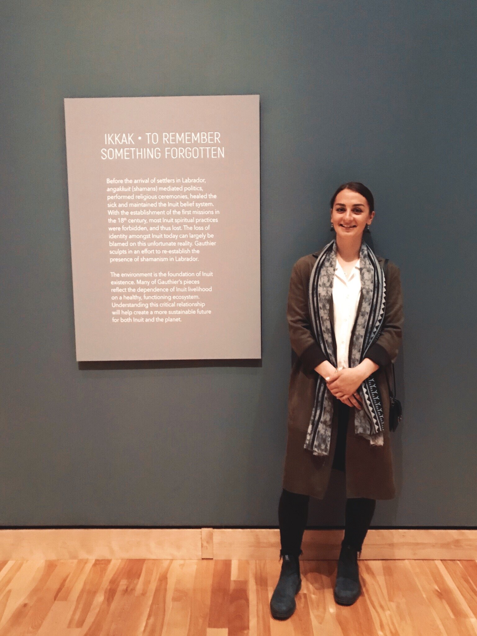  Jessica at  Saunituinnaulungitotluni | Beyond Bone , the exhibition of works by Billy Gauthier that she curated at The Rooms, St. John’s, NL, May 2019. Photo courtesy of Jessica Winters. 