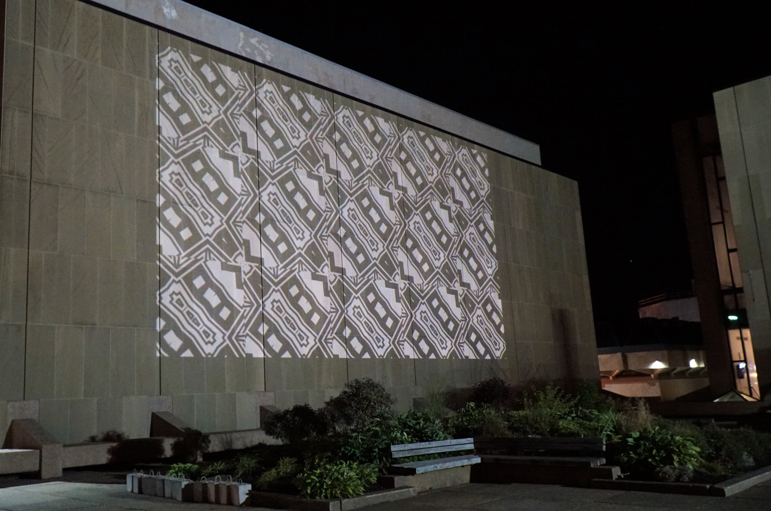  Outdoor projection of Caroline Monnet’s films on Confederation Centre Art Gallery at Art in the Open, Charlottetown, PEI. August 2019. Photo by Amanda Shore. 