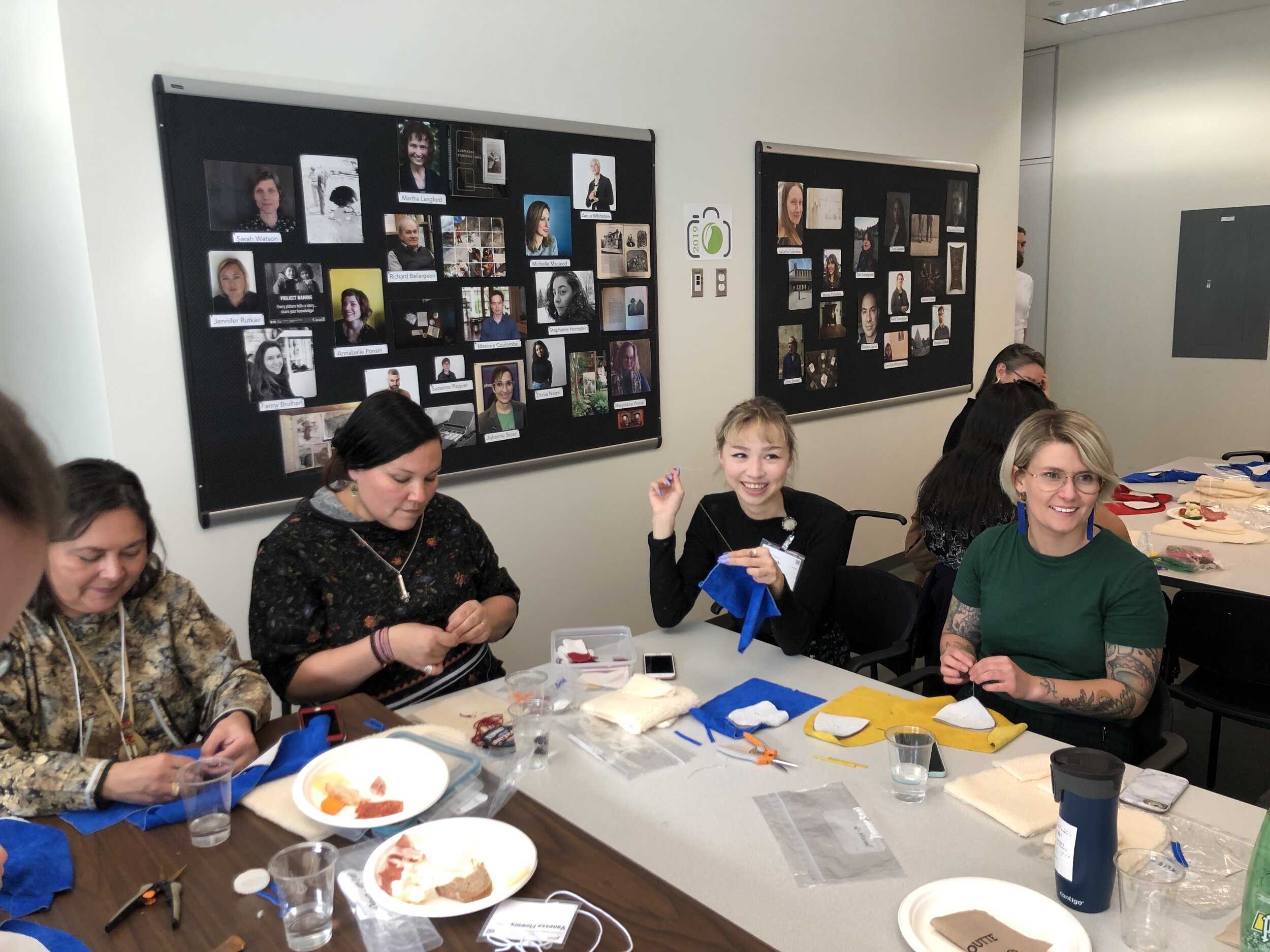  Taqralik Partridge, Megan Kyak-Monteith, and Danielle Aimée Miles taking part in the Labrador Inuit Slipper Making Workshop, led by Veronica Flowers and Vanessa Flowers. This session was held at Concordia University, Montreal QC, October 2019. Photo