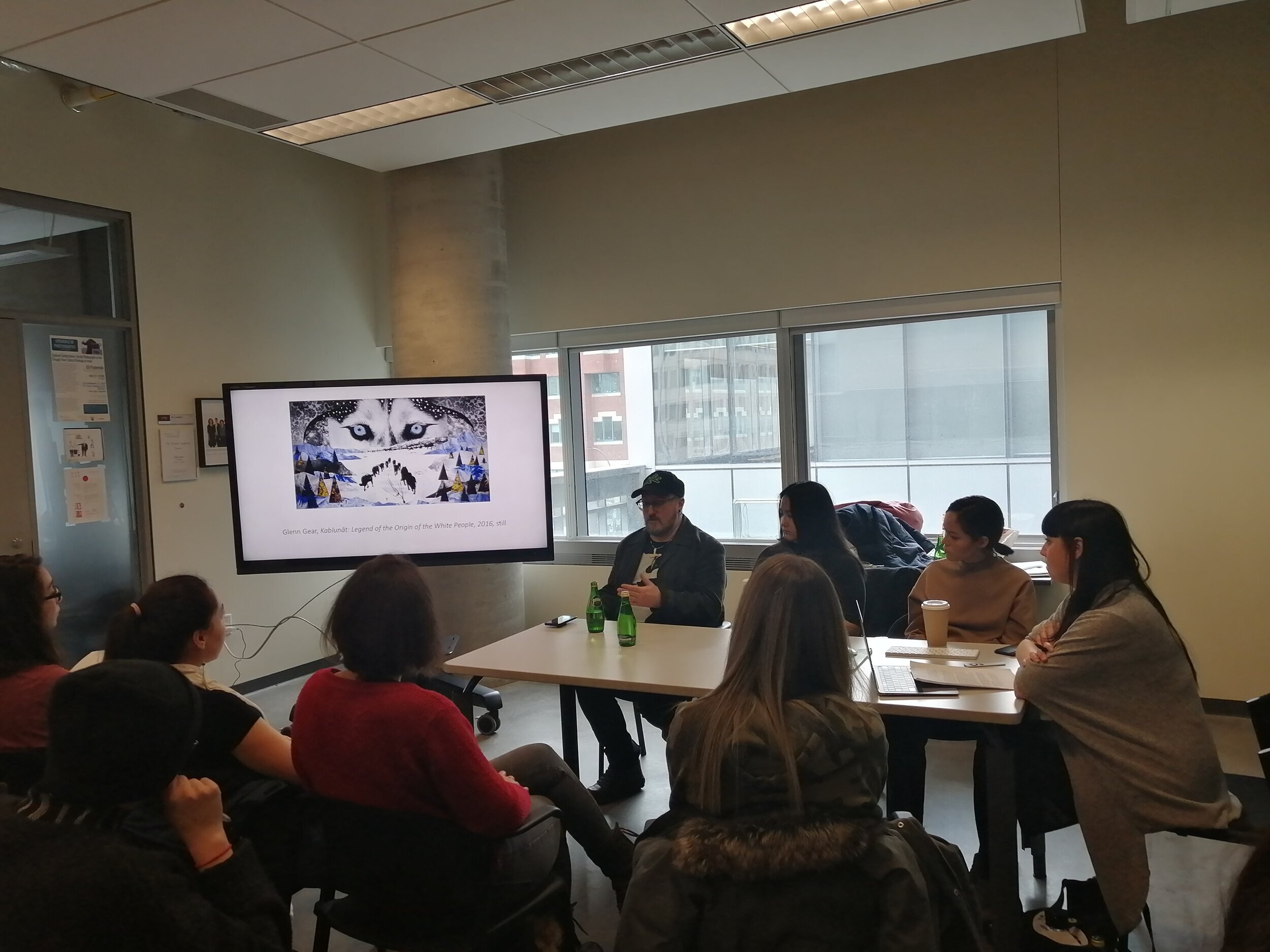  “On Screen: Inuit Film and Video” panel featuring Glenn Gear, Asinnajaq, and Nyla Inukshuk, moderated by Reilley Bishop-Stall. Concordia University, Montreal QC. February 2020. Photo by Danielle Aimée Miles. 