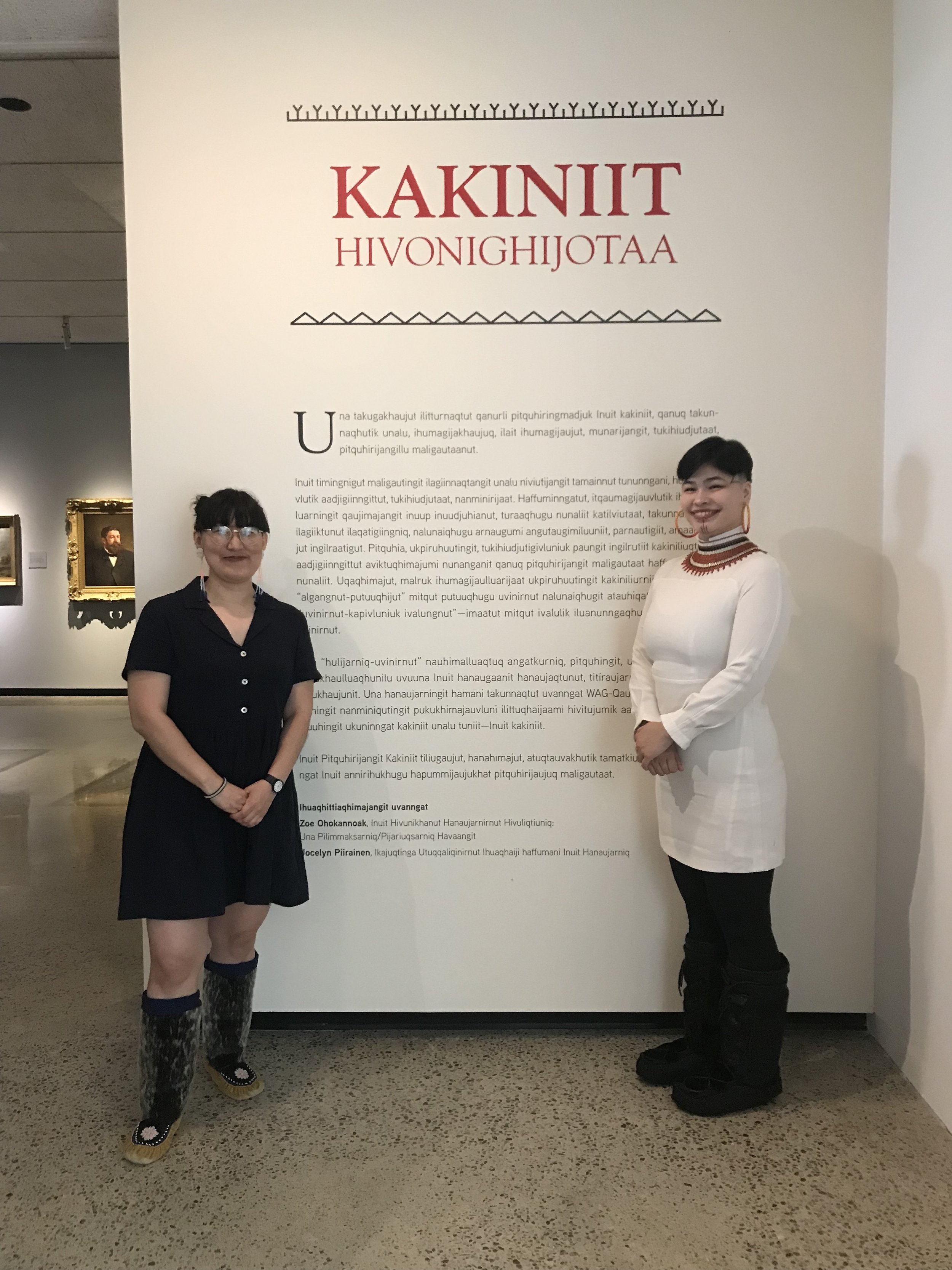  Curators Jocelyn Piirainen, Associate Curator of Inuit Art at WAG-Qaumajuq, and  Inuit Futures  Ilinniaqtuk Aghalingiak (Zoe Ohokannoak), during the 2022 Inuit Studies Conference: Auviqsaqtut. June 22, 2022. Photo by Michelle Sones. 