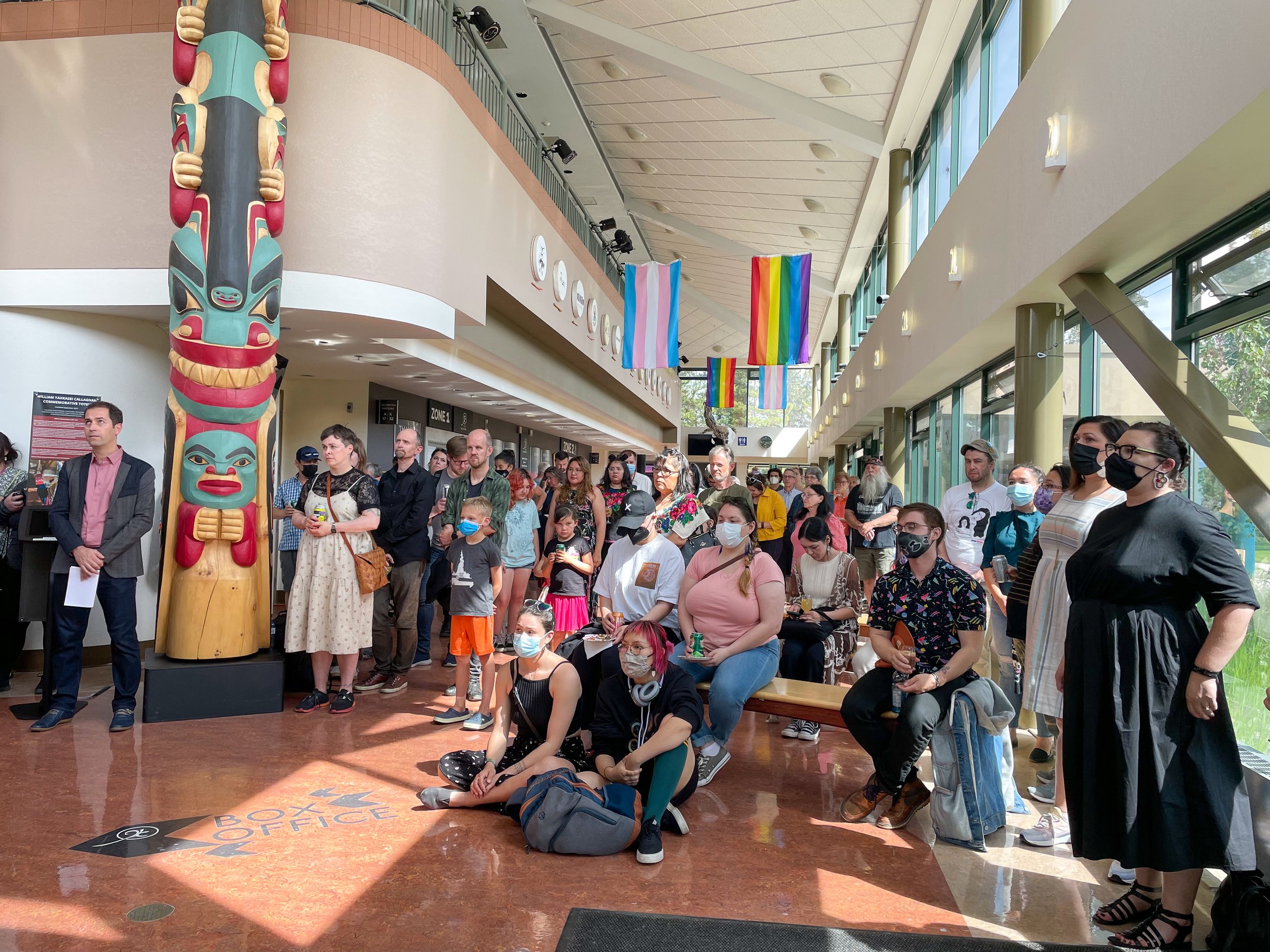  Audience gathered for the opening of  TETHER   during the Arctic Arts Summit, Yukon Arts Centre, Whitehorse, YK, July 2022. Photo courtesy of Yukon Arts Centre. 