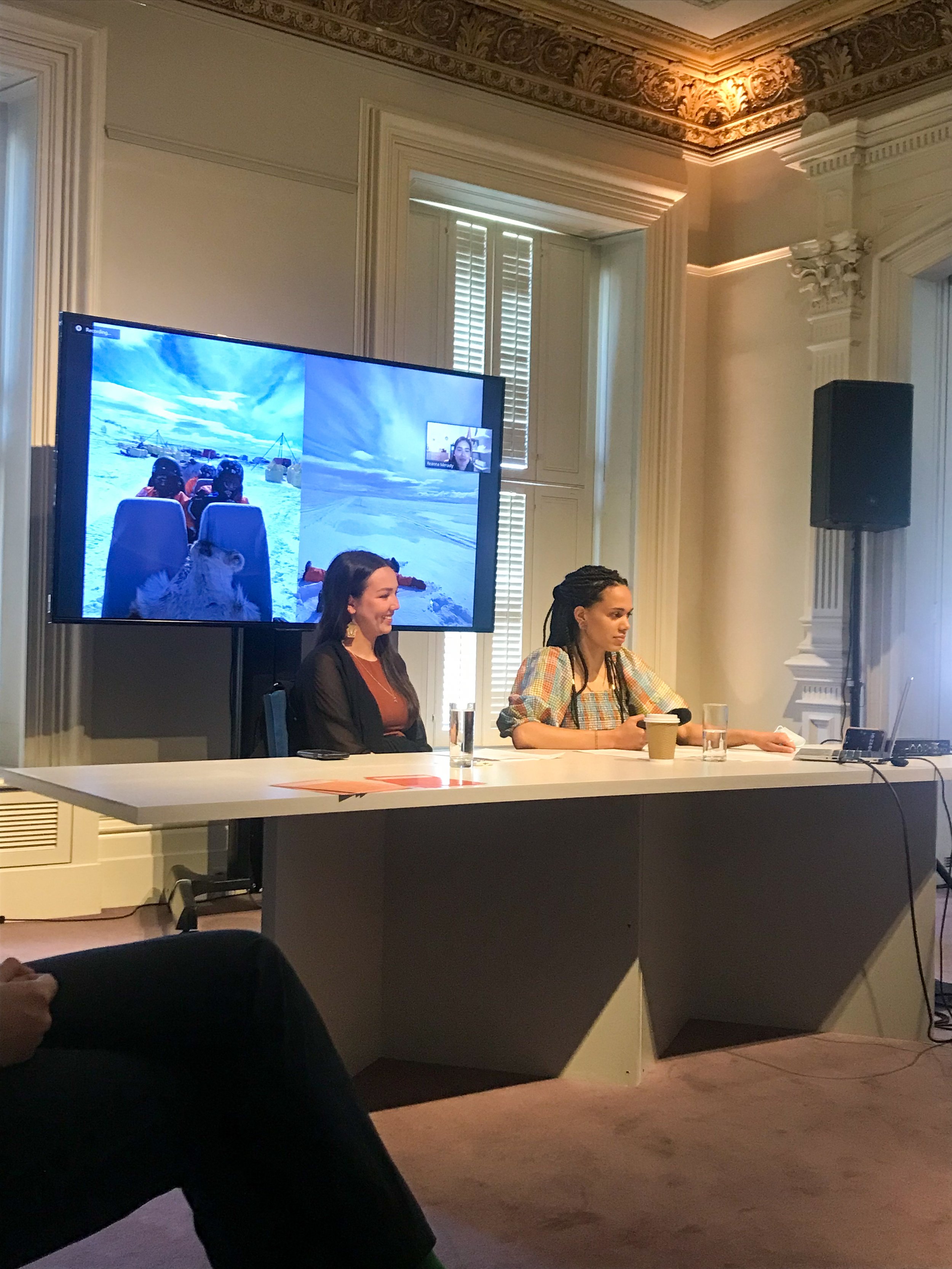   Inuit Futures  Ilinniaqtuk Nicole Luke and Curatorial Assistant Ella den Elzen lead a panel discussion with  Futurecasting: Indigenous-led Architecture and Design in the Arctic  participants, June 11, 2022. Photo by Michelle Sones. 