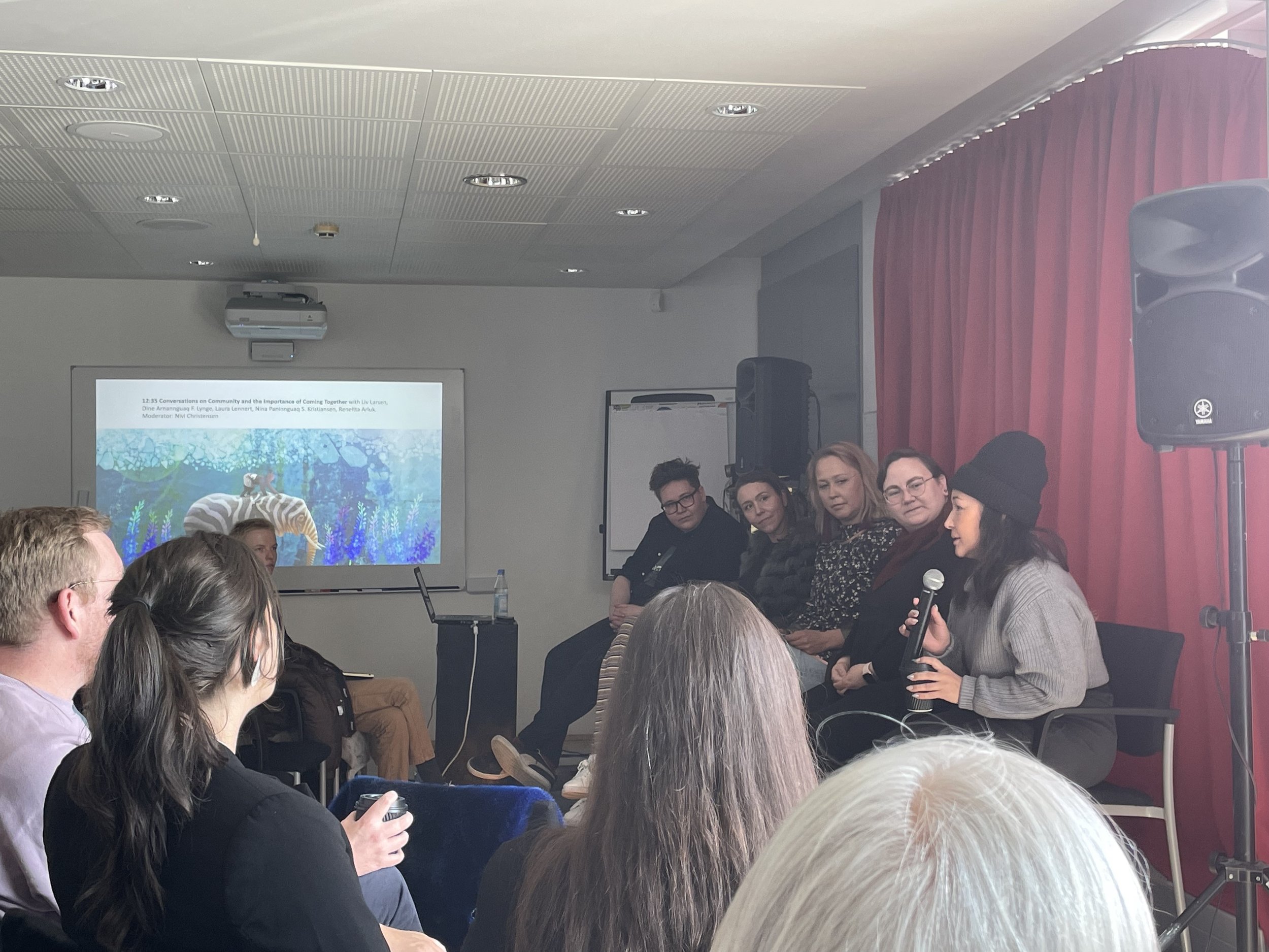   Inuit Futures  Mentor, Reneltta Arluk, speaks during  a panel on “Conversations on Community and the Importance of Coming Together” as part-of the Nuuk Nordic Festival. Nuuk, Greenland. May 2023. Photograph by Danielle Miles.        
