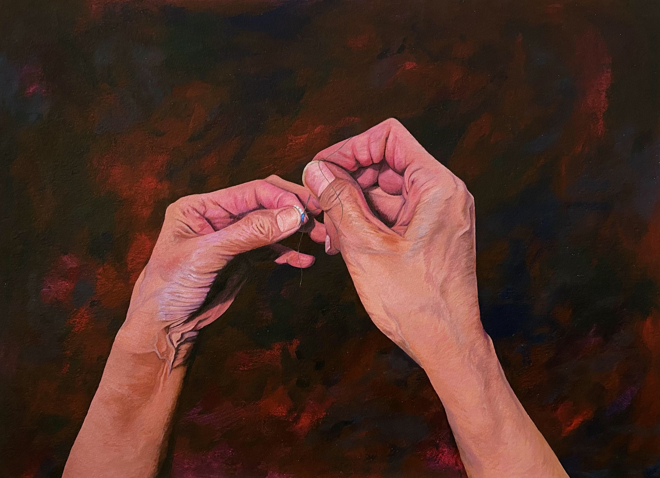  Jessica Winters,  Auntie Teaching Me to Make Earrings  (2022) Acrylic 76.2 x 57.2 cm. Image courtesy of the artist. 