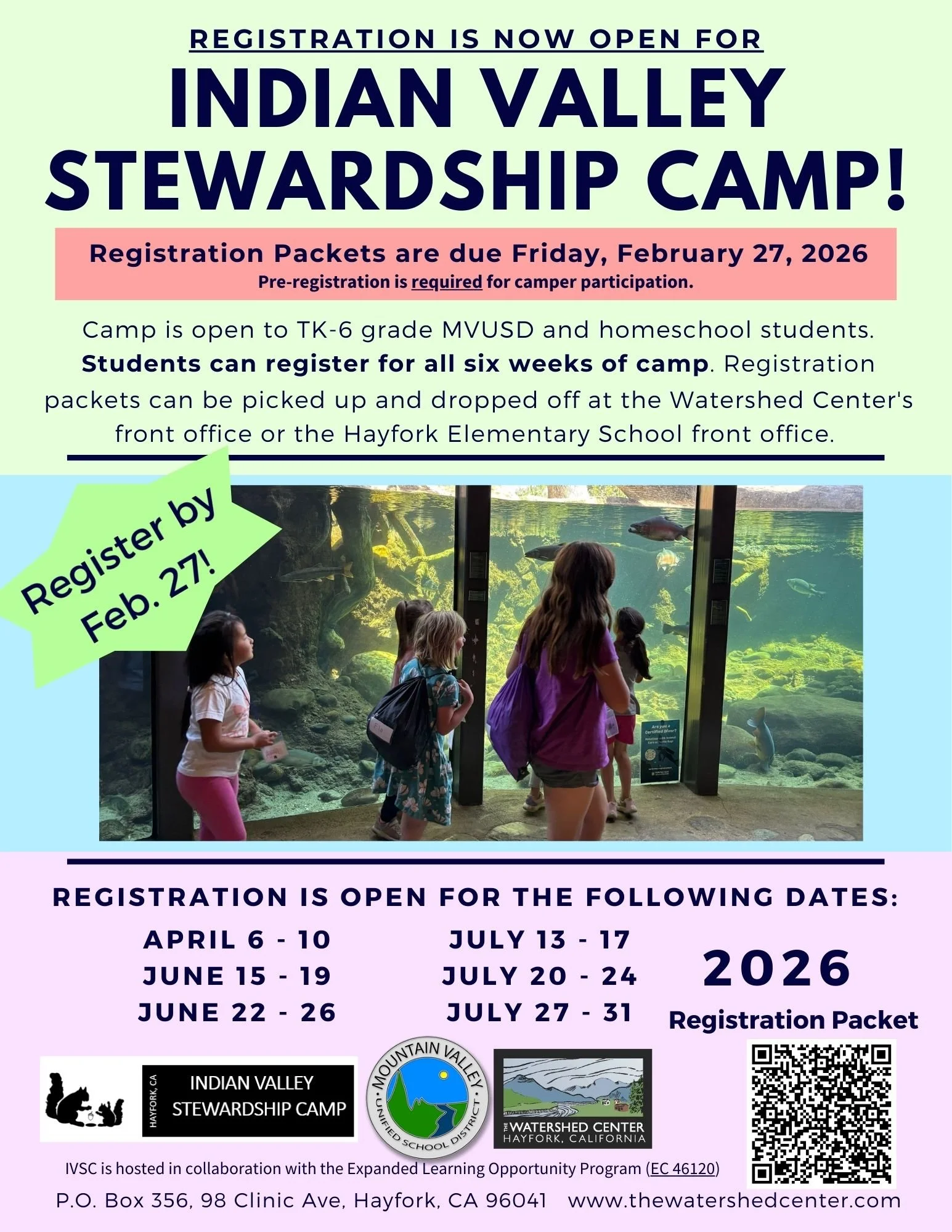 Flyer for Indian Valley Stewardship Camp showing children watching fish in an indoor aquarium. The flyer includes registration deadlines and dates for summer camp sessions in 2026.
