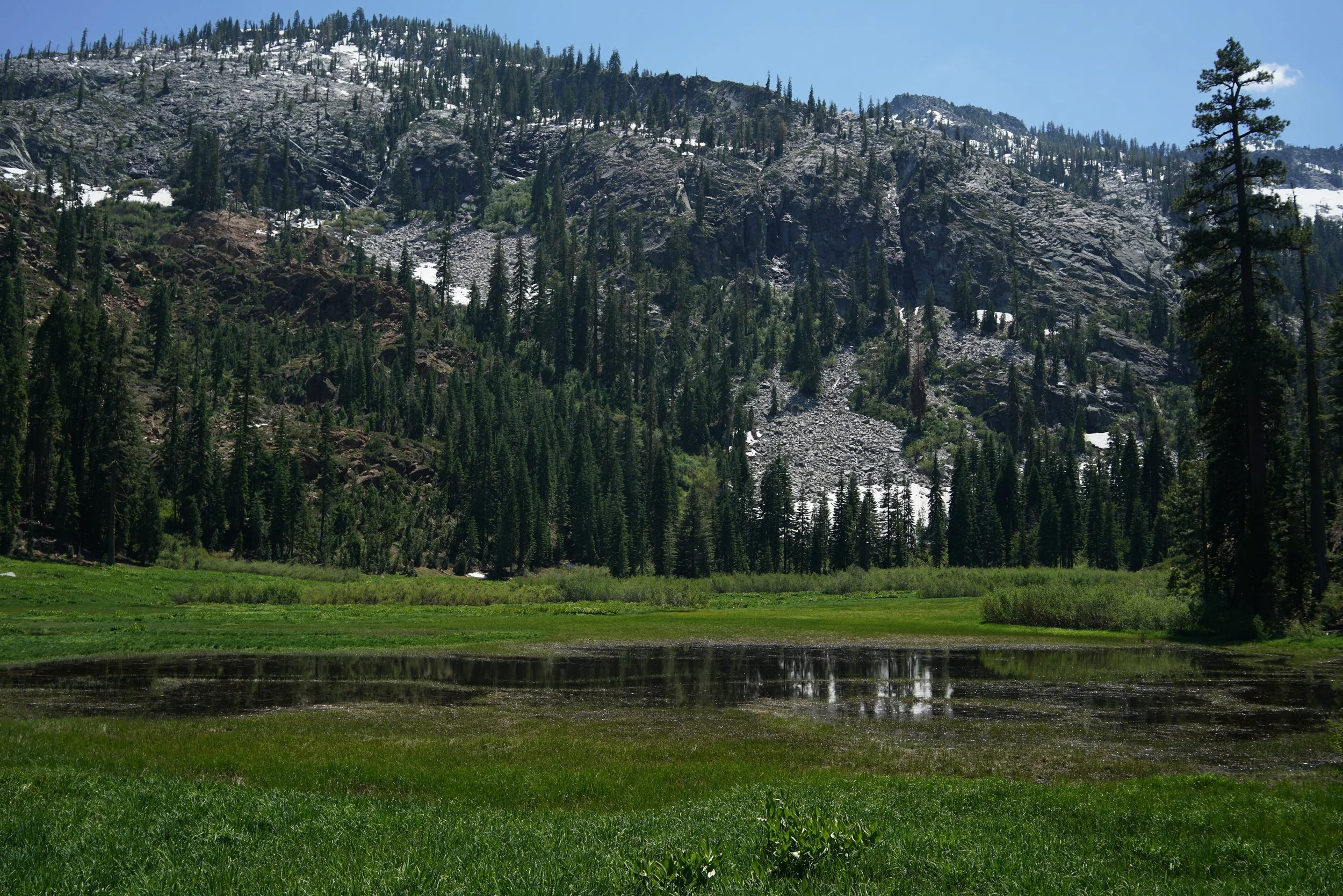 A flooded meadow nestles beneath a mountain peak with cascading scree fields.