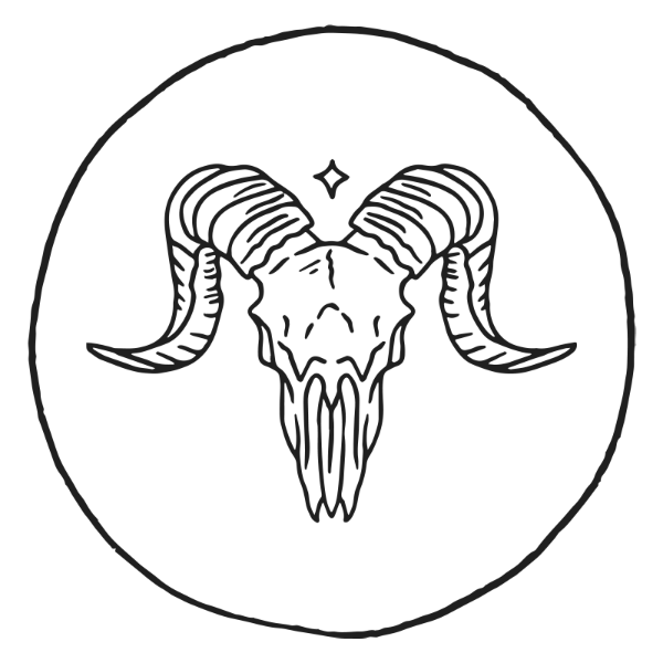 Simple line art illustration of a ram skull in a circle