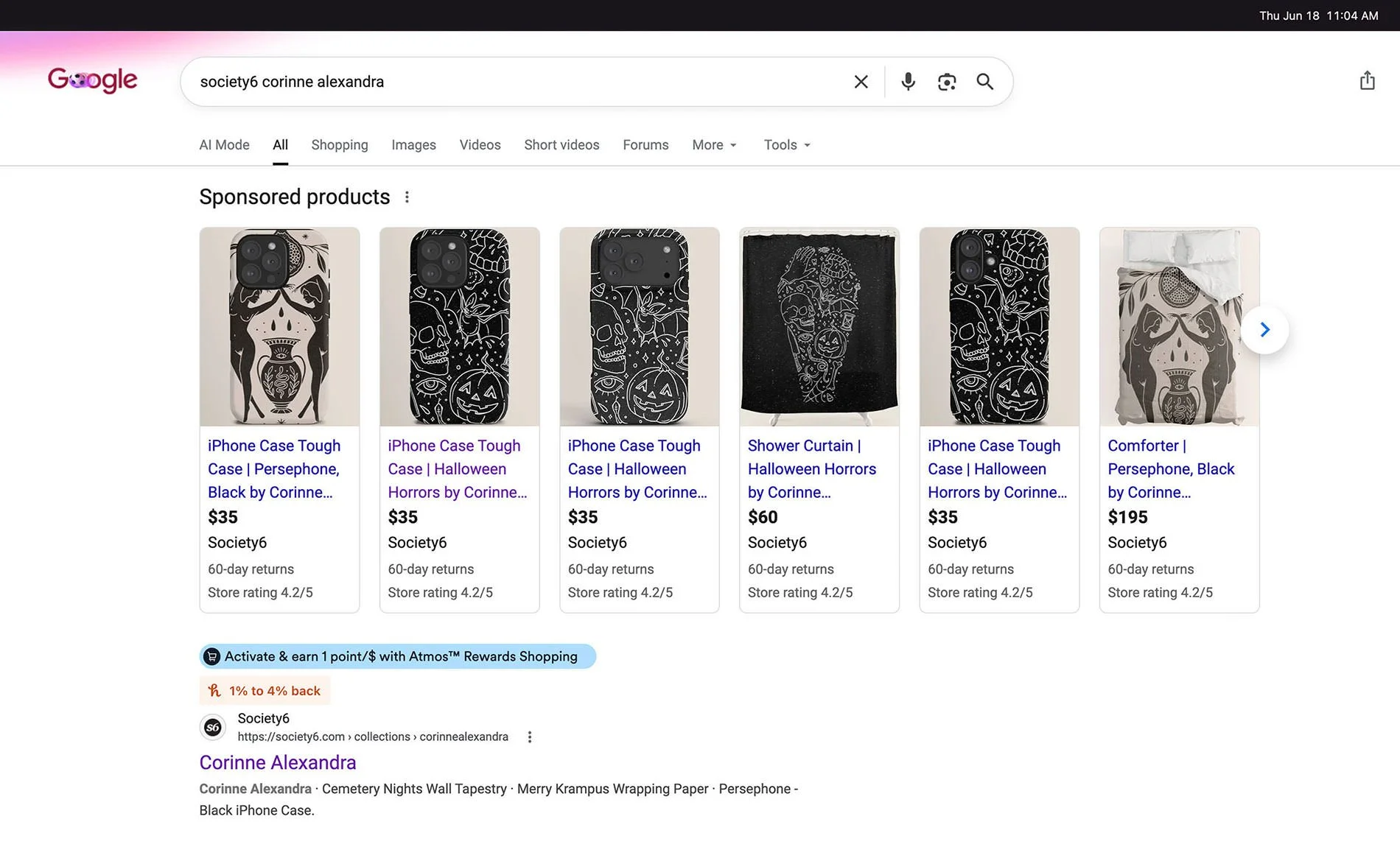 Screenshot showing Society6 selling designs after deletion.