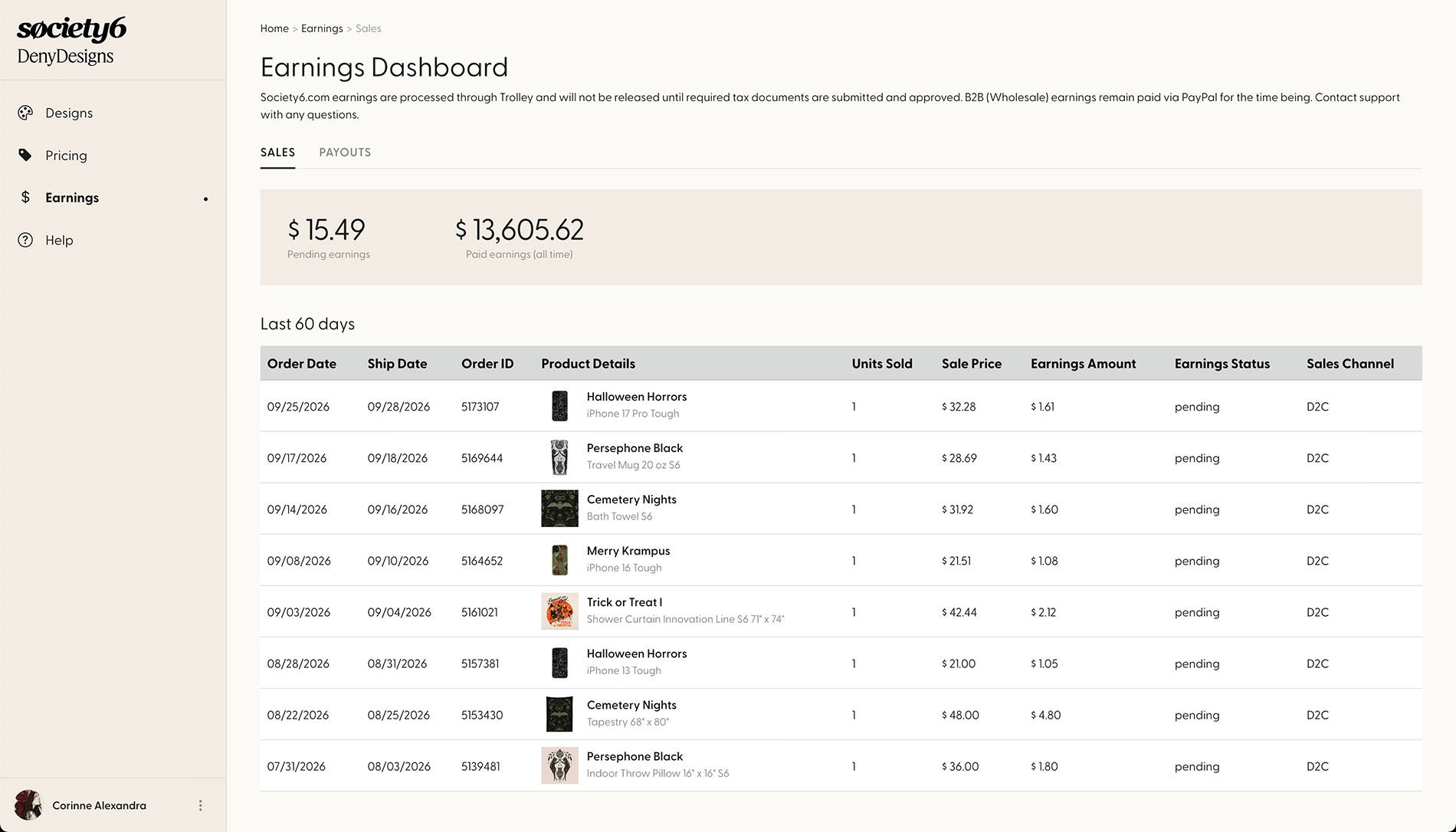 Screenshot showing Society6 still selling deleted artwork.