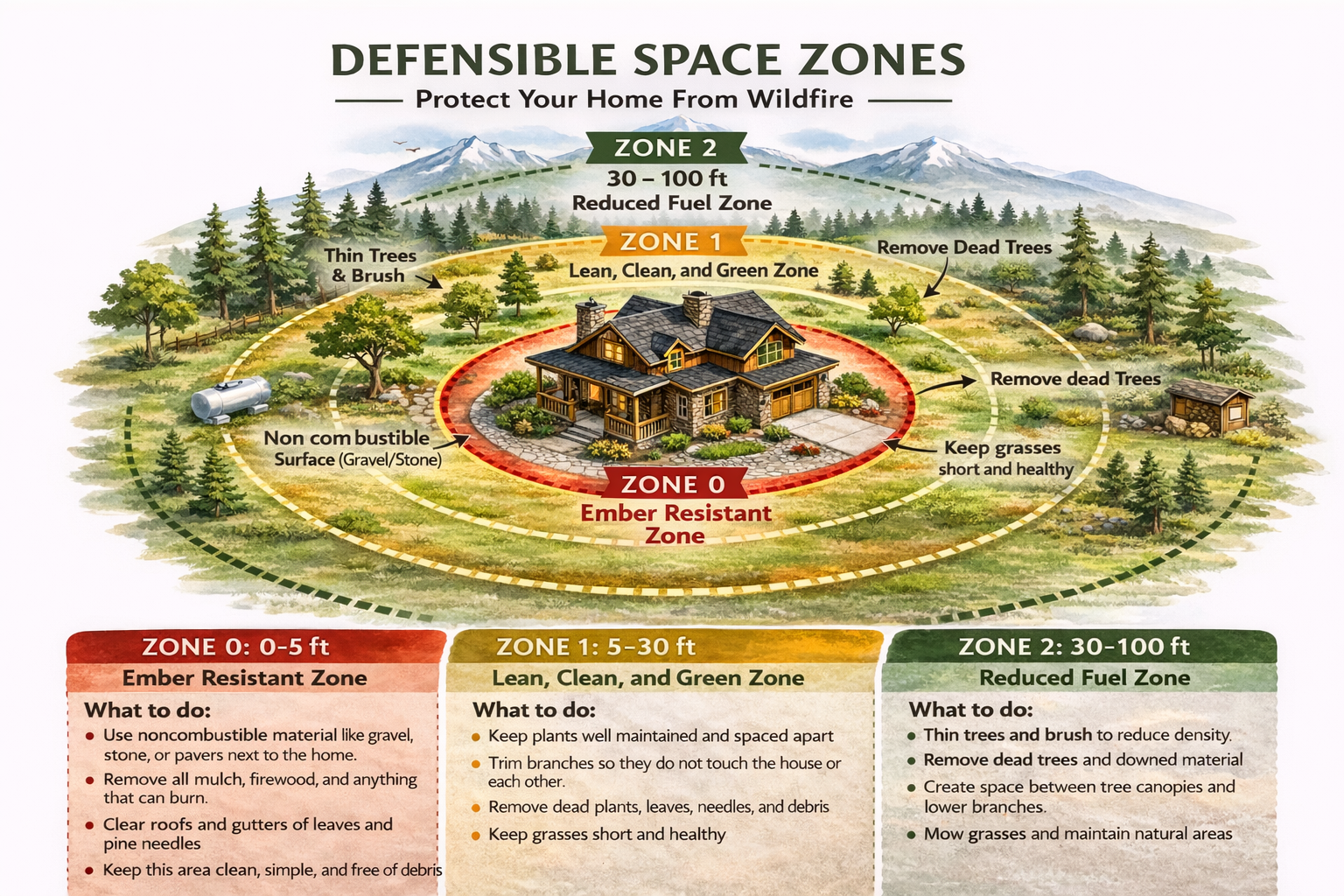 A diagram illustrating defensible space zones around a home to prevent wildfire damage. Zone 0, closest to the house, features ember-resistant materials and roof/gutter maintenance. Zone 1, 5 to 30 feet from the house, emphasizes keeping plants healthy, trimming branches, and removing dead plants. Zone 2, from 30 to 100 feet, involves thinning trees, removing dead trees, and maintaining grassy areas to reduce fuel.