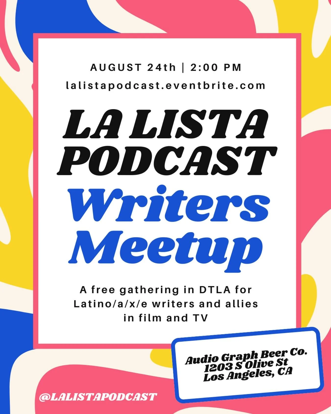 🎟️🔗 in bio!! A free gathering in DTLA for Latino/a/x/e writers and allies in film and TV!

Join us for an afternoon of creativity, networking, and fun on Sunday, August 24th between 2-5pm at @audiographbeerco 

Whether you&rsquo;re a seasoned write