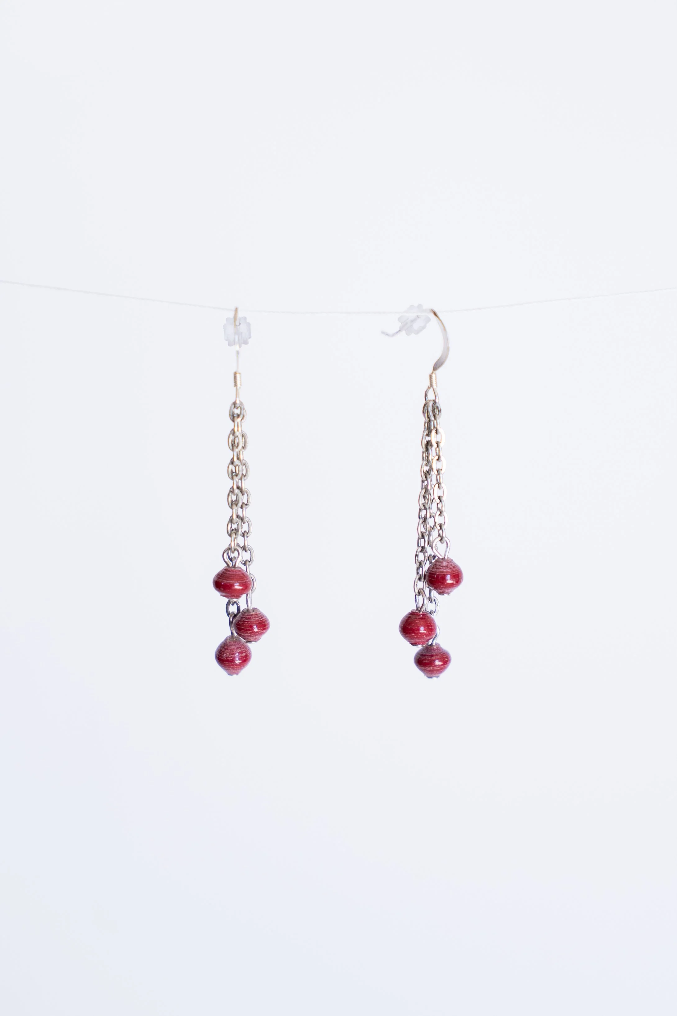 Silver Chain and Red Bead Dangling Earrings
