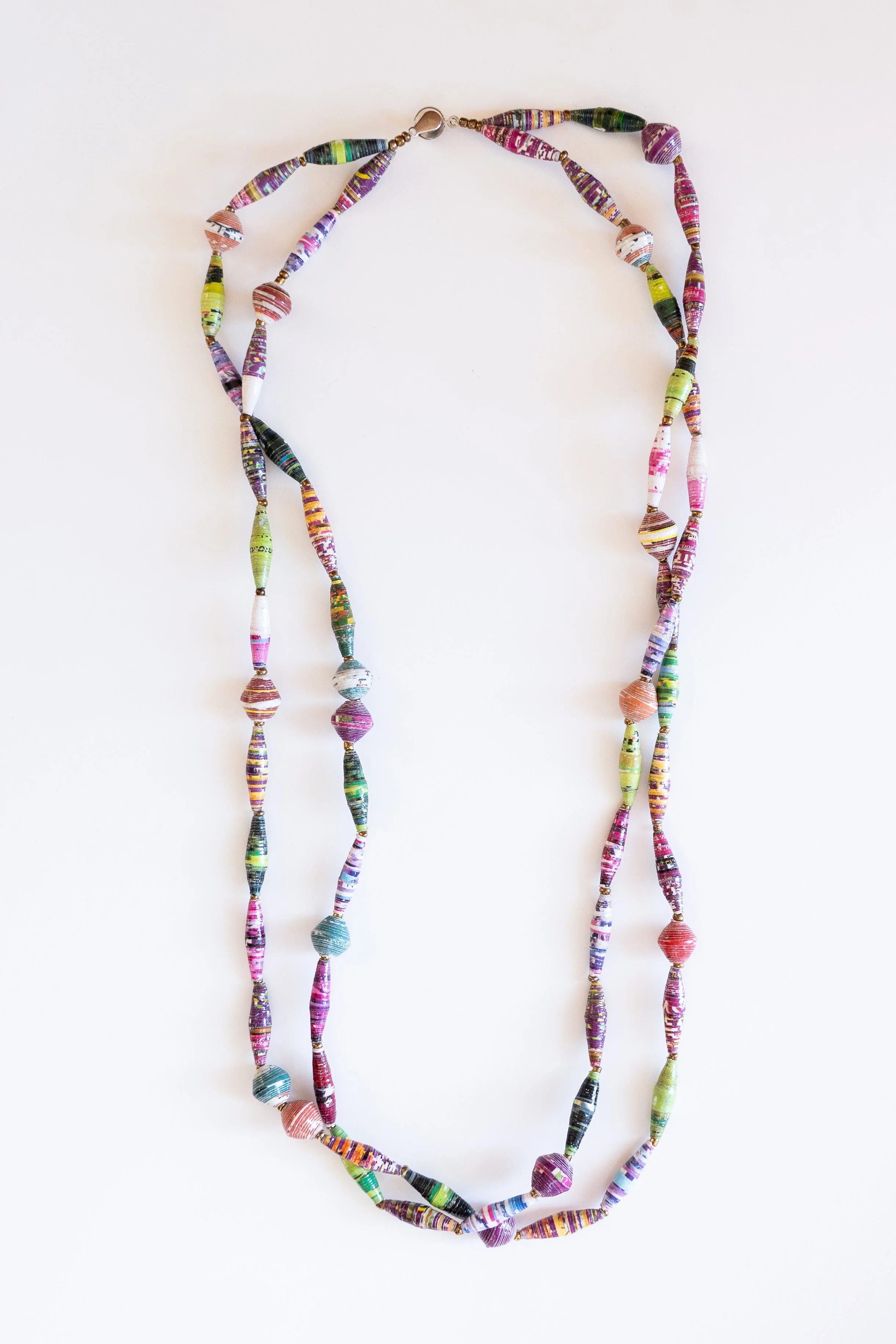 Double-Strand Multi-Colored Cylinder and Circle Paper Bead Necklace