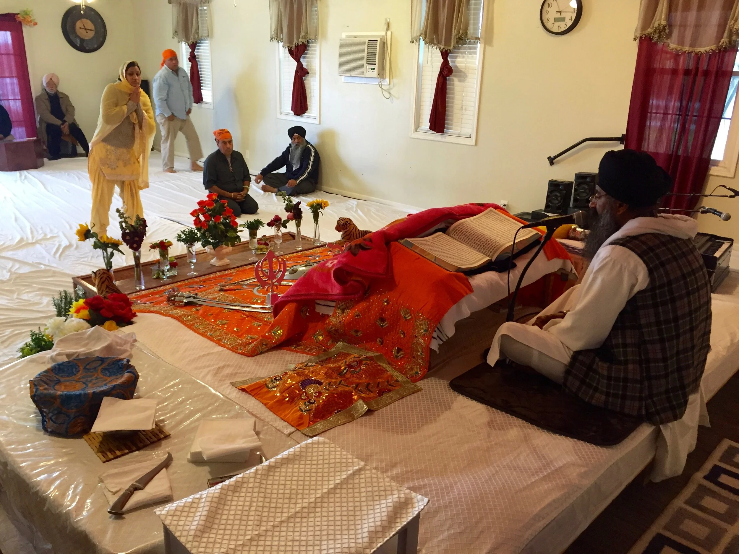 Guru Granth Sahib and worship hall in Madera, CA.