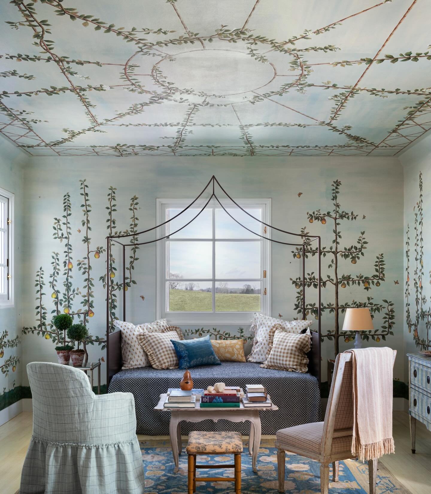 Our Laurel daybed spotted with the new @degournay Bunny Mellon collection. Their hand painted &lsquo;Espalier&rsquo; collection depicts Bunny&rsquo;s meandering apple orchard at her Oak Spring garden. We are charmed to see our work in such a whimsica